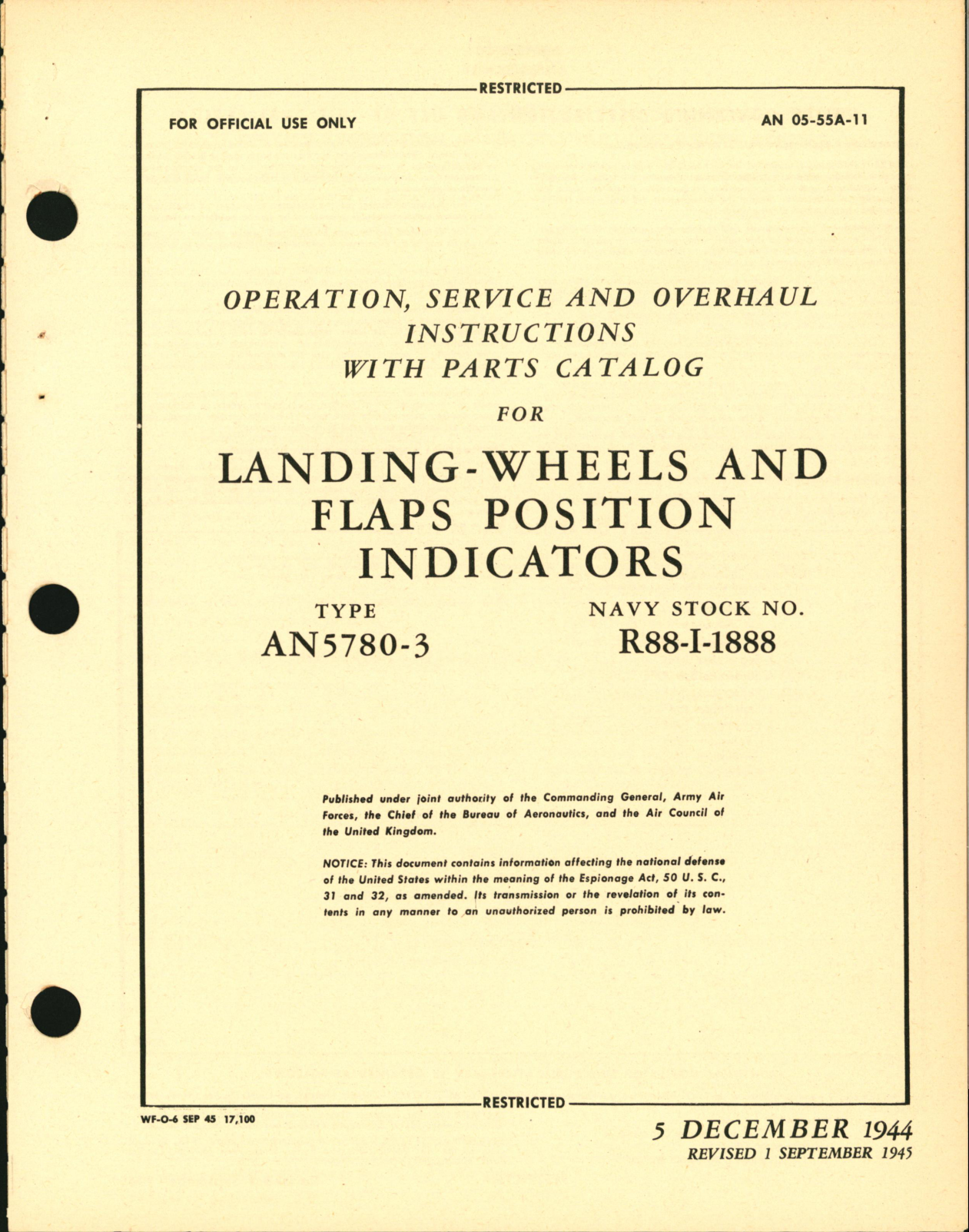 Sample page 3 from AirCorps Library document: Operation, Service, & Overhaul Instructions with Parts Catalog for Landing-Wheels and Flaps Position Indicators
