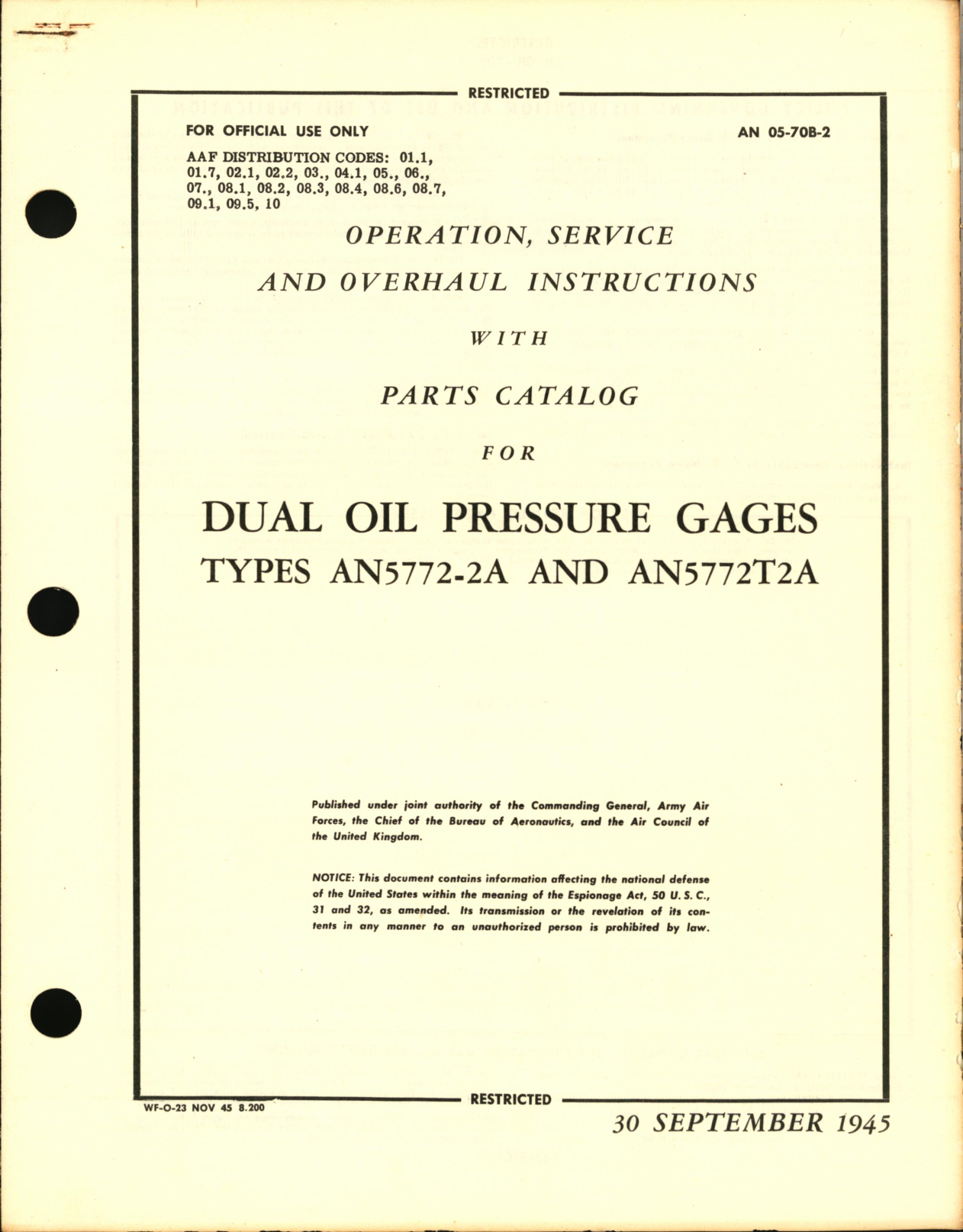 Sample page 1 from AirCorps Library document: Operation, Service, & Overhaul Instructions with Parts Catalog for Dual Oil Pressure Gages