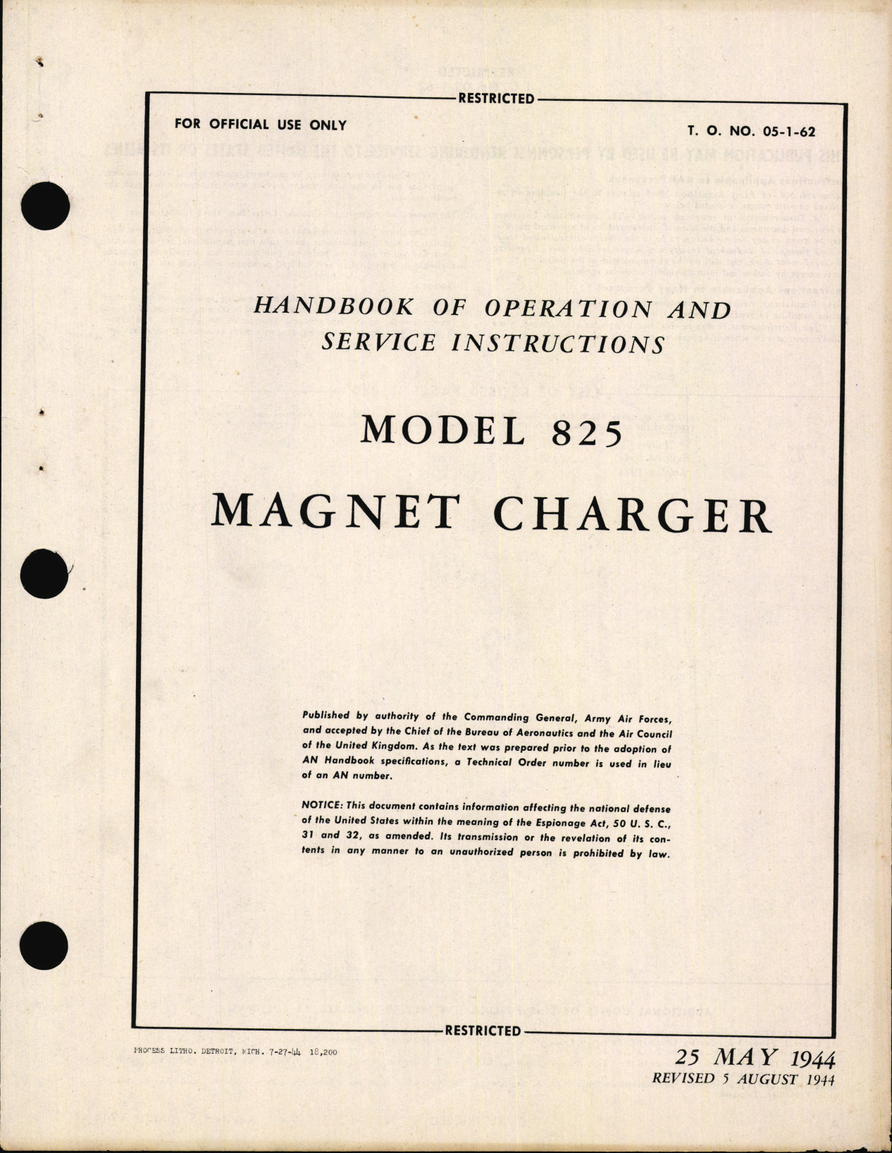 Sample page 1 from AirCorps Library document: Operation and Service Instructions for Model 825 Magnet Charger