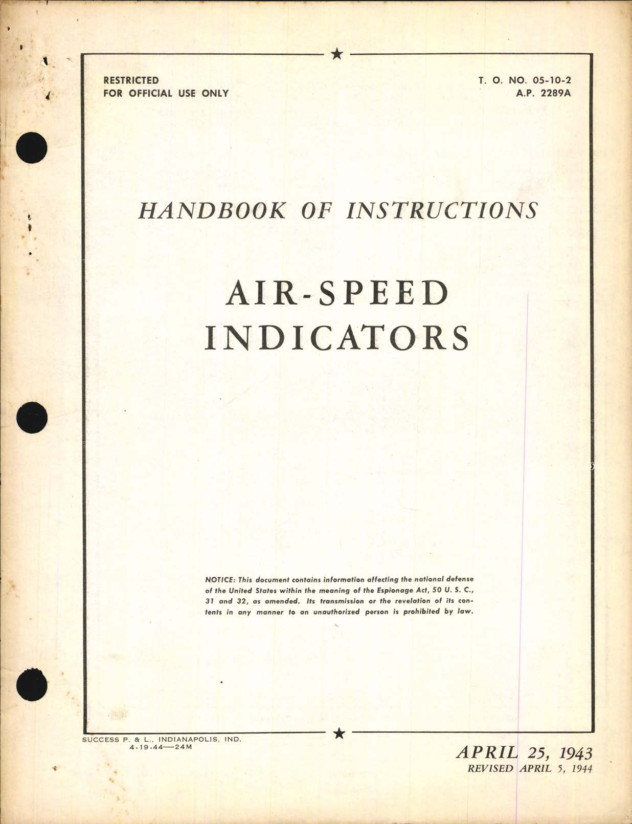 Sample page 1 from AirCorps Library document: Handbook of Instructions for Air-Speed Indicators