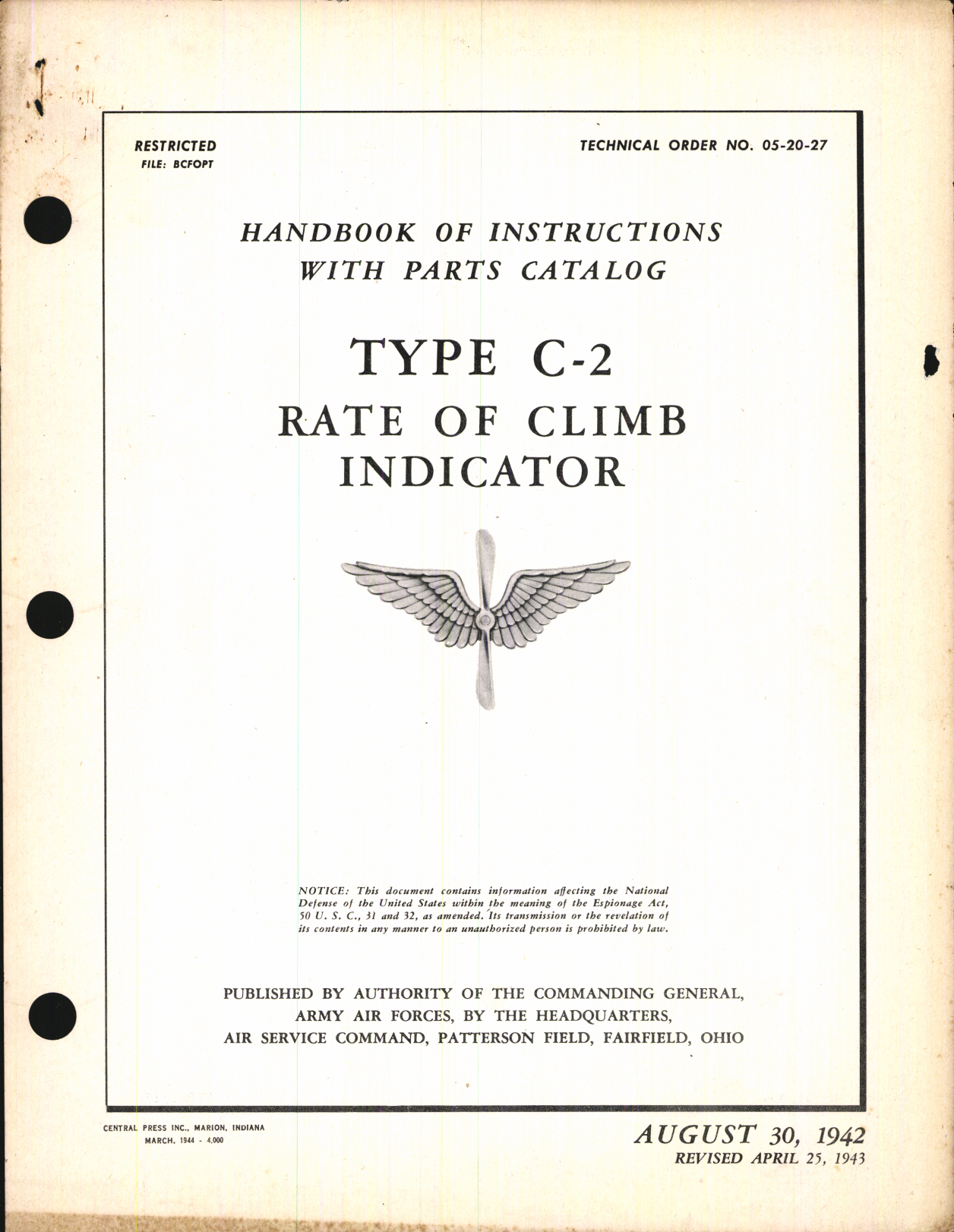 Sample page 1 from AirCorps Library document: Handbook of Instructions with Parts Catalog for Type C-2 Rate of Climb Indicator