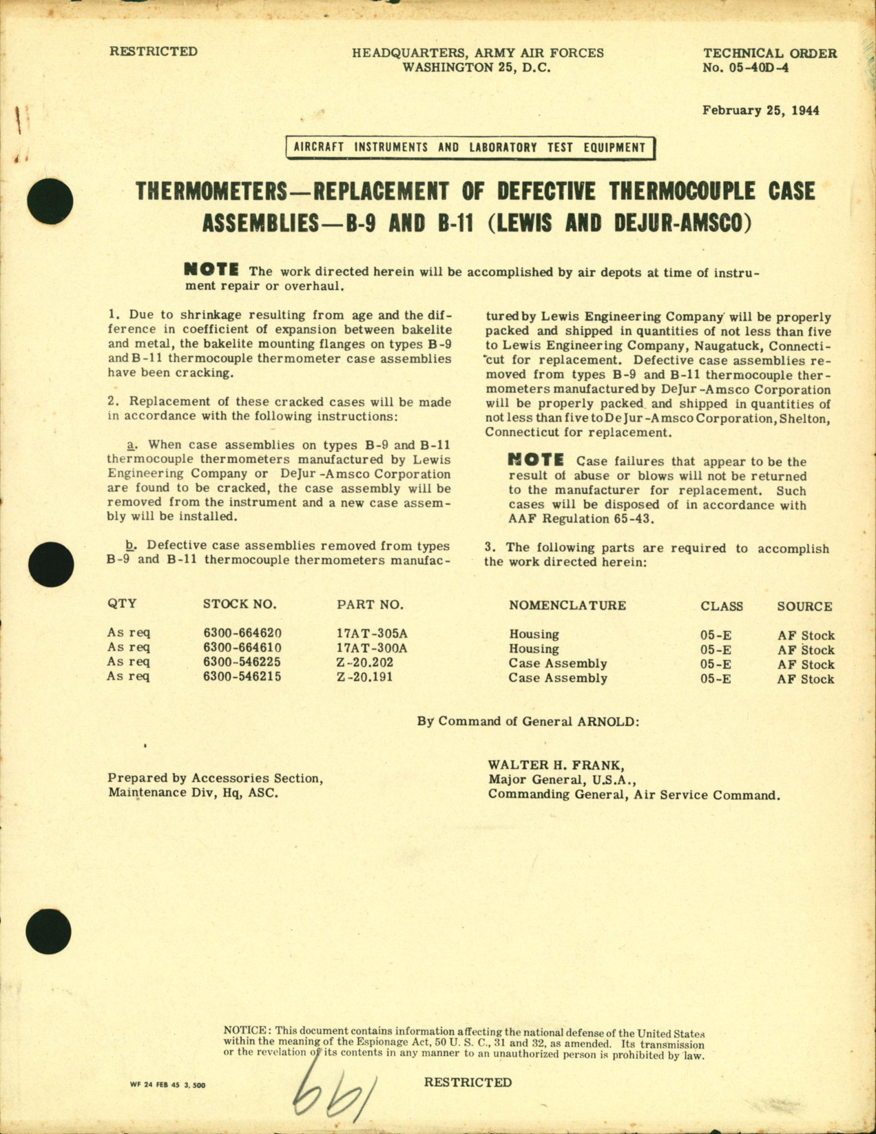 Sample page 1 from AirCorps Library document: Replacement of Defective Thermocouple Case Assemblies - B-9 and B-77