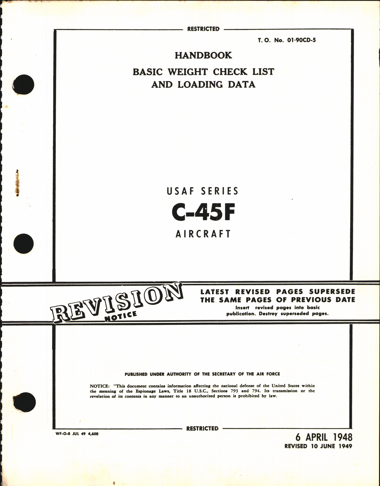 Sample page 1 from AirCorps Library document: Basic Weight Check List and Loading Data for C-45F