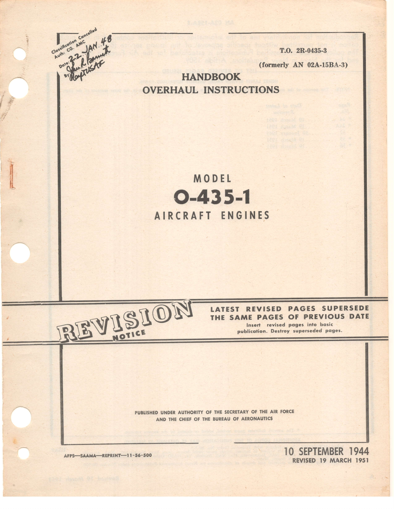 Sample page 1 from AirCorps Library document: Overhaul Instructions - O-435-1 Engines - 1951