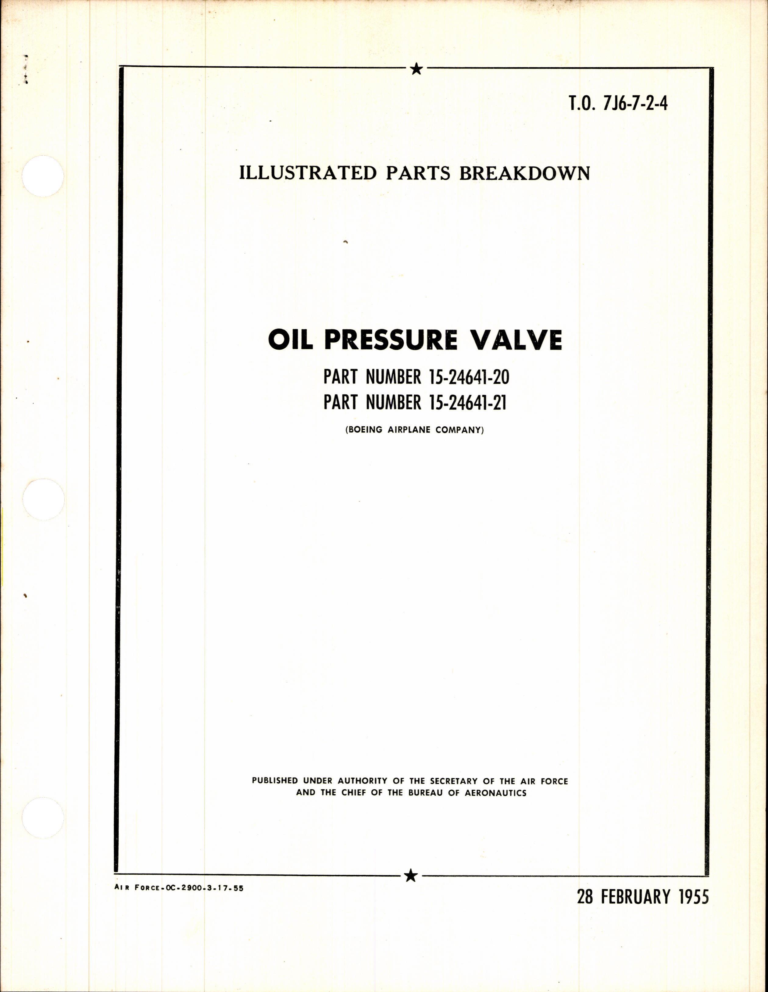 Sample page 1 from AirCorps Library document: Illustrated Parts Breakdown for Oil Pressure Valve 15-24641-20 and -21