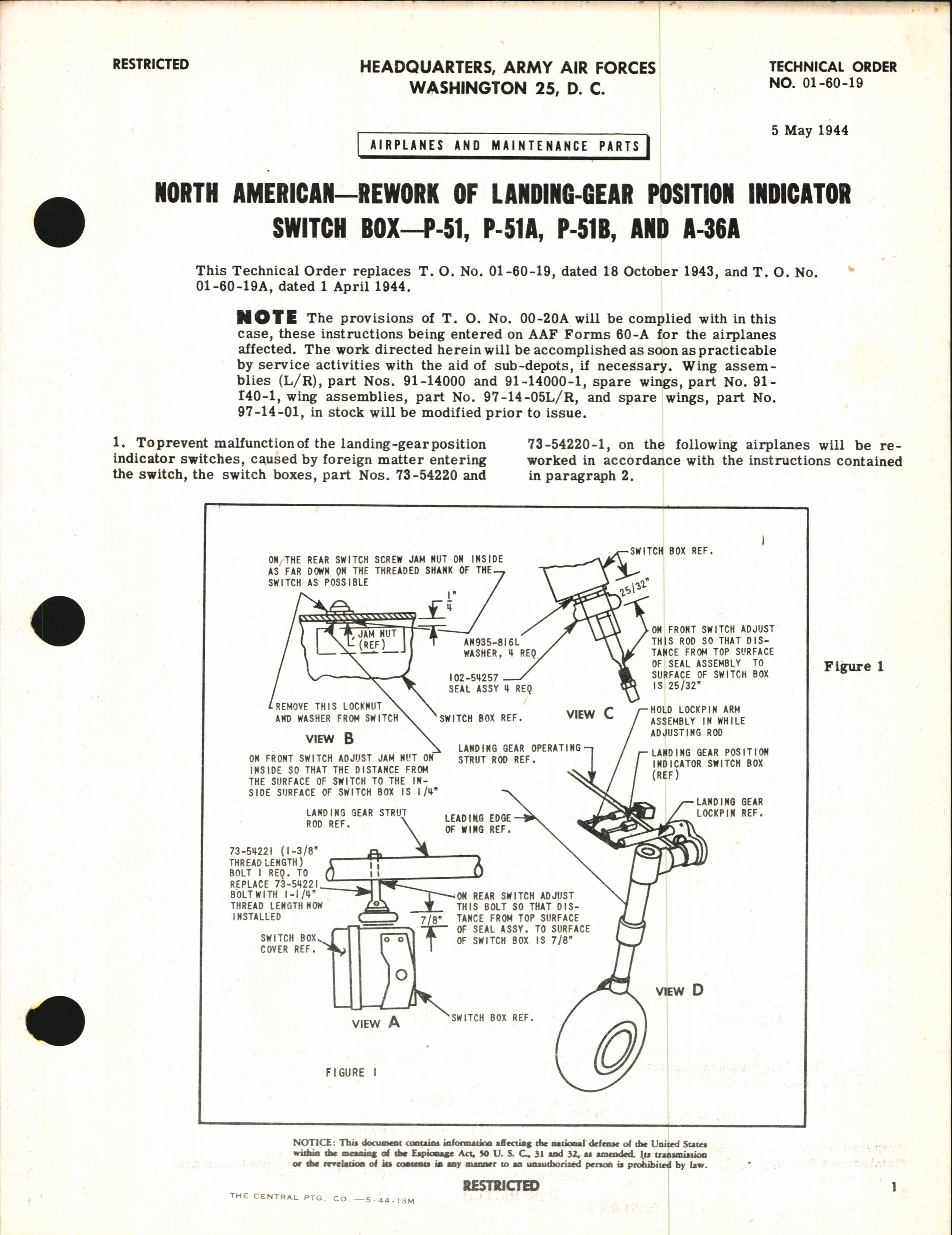 Sample page 1 from AirCorps Library document: Rework of Landing-Gear Position Indicator Switch Box for P-51