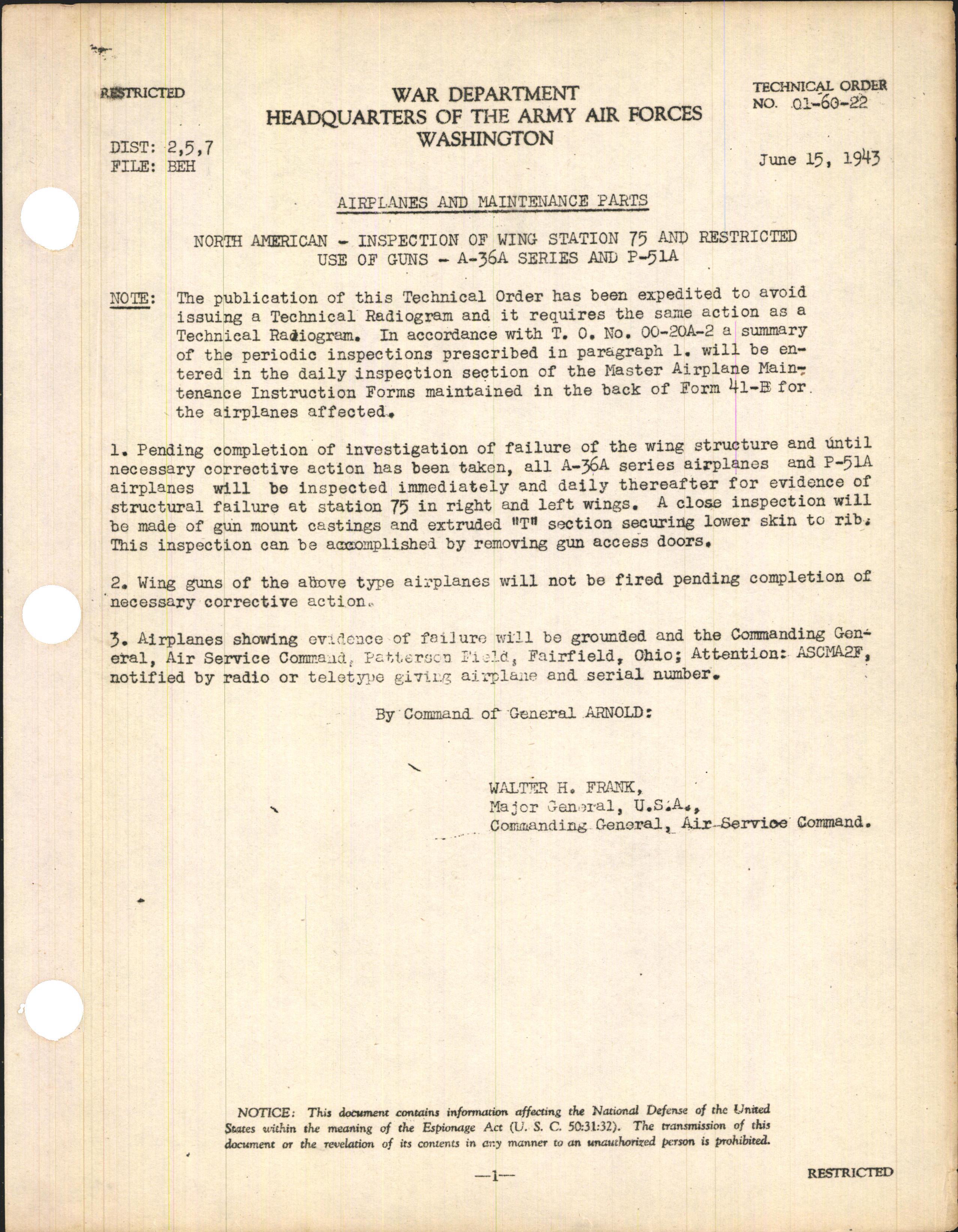 Sample page 1 from AirCorps Library document: Inspection of Wing Station 75 and Restricted Use of Guns for A-36A and P-51A Series