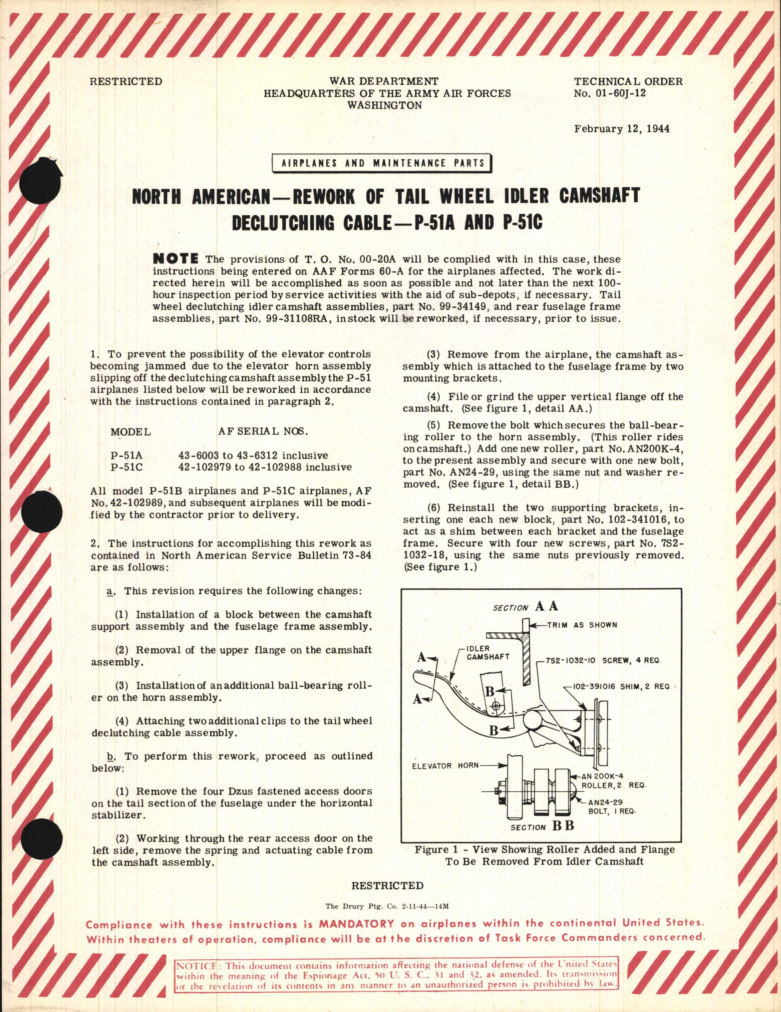 Sample page 1 from AirCorps Library document: Rework of Tail Wheel Idler Camshaft Declutching Cable for P-51A and P-51C