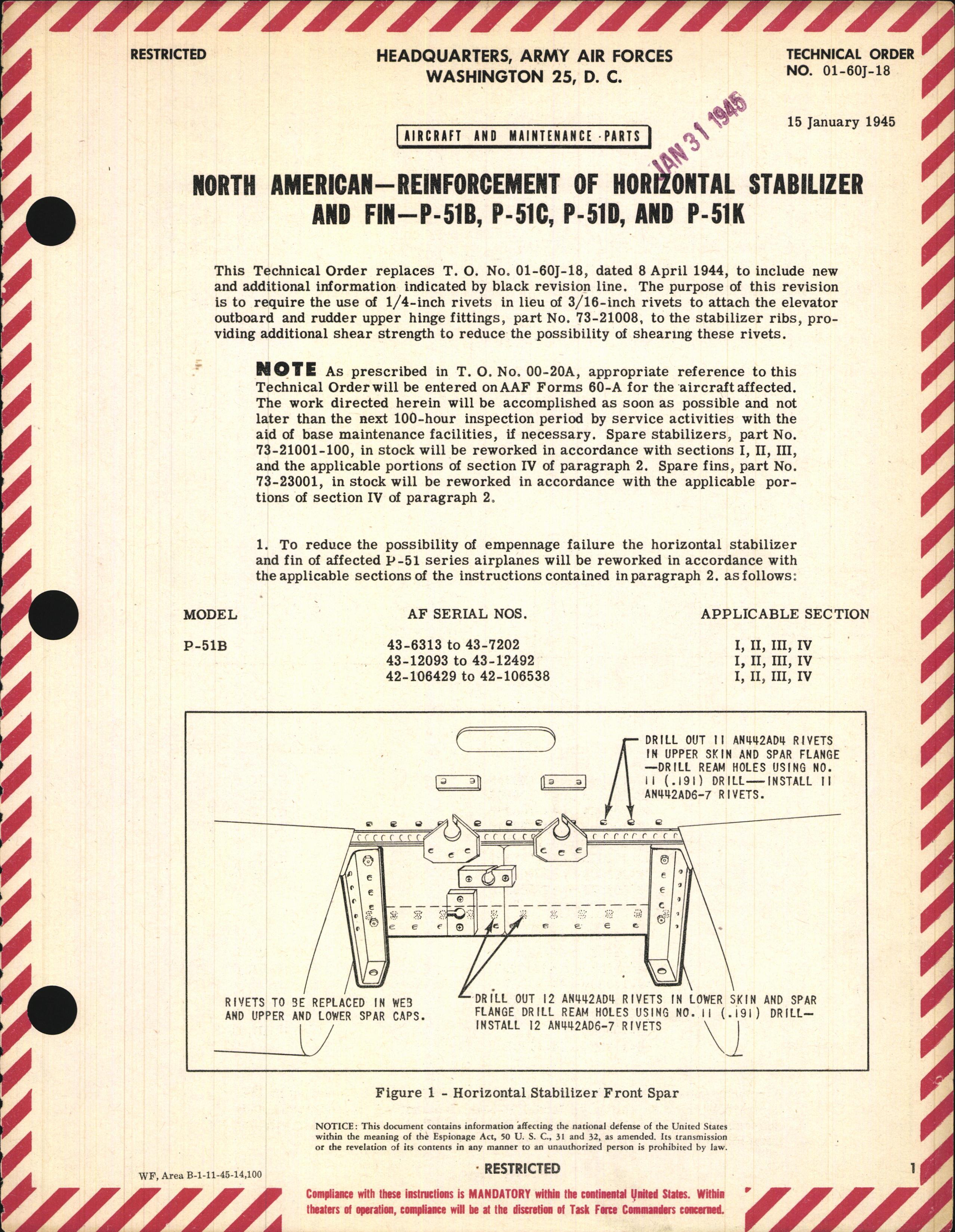 Sample page 1 from AirCorps Library document: Reinforcement of Horizontal Stabilizer and Fin for P-51B, C, D, and K