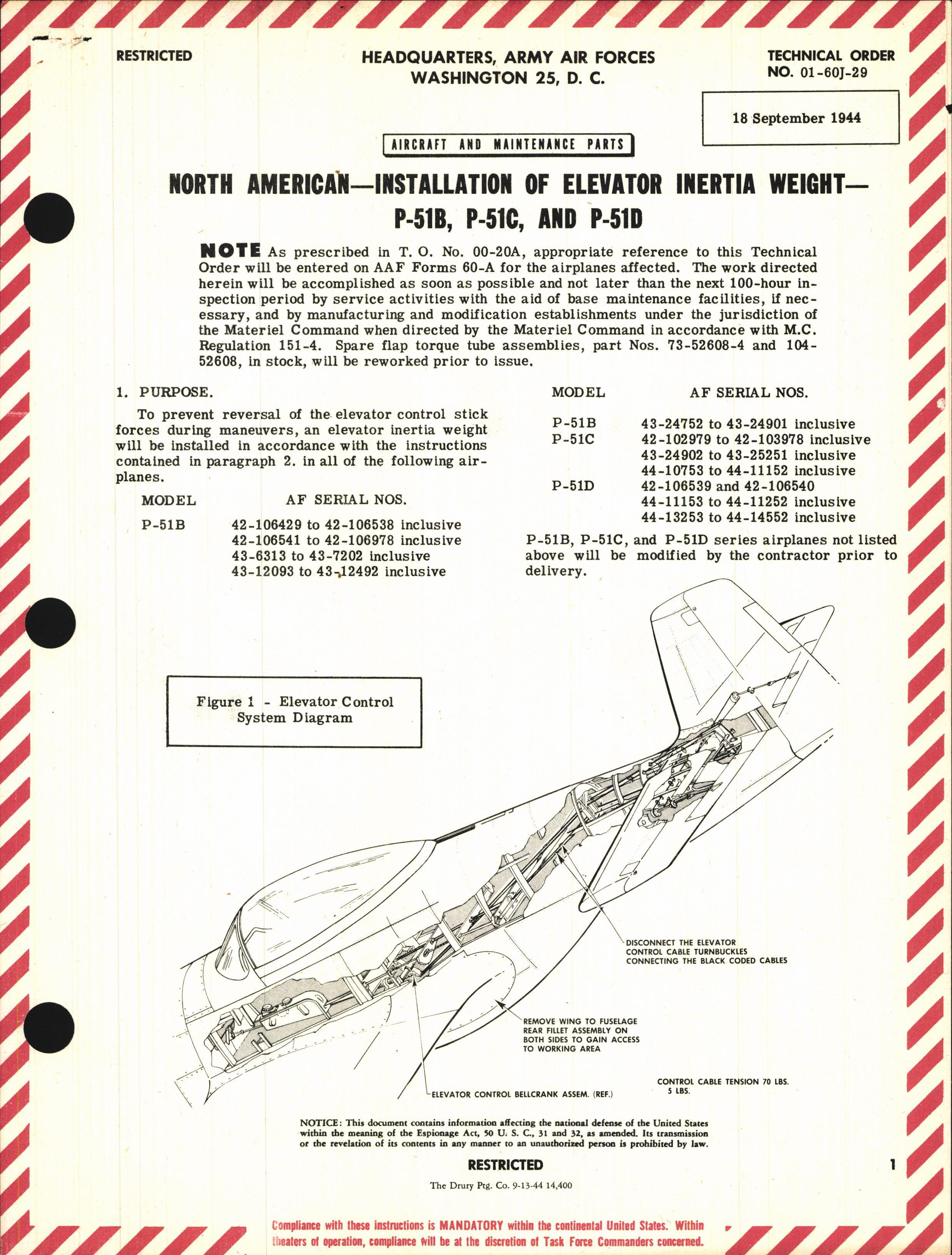 Sample page 1 from AirCorps Library document: Installation of Elevator Inertia Weight for P-51B, C, and D