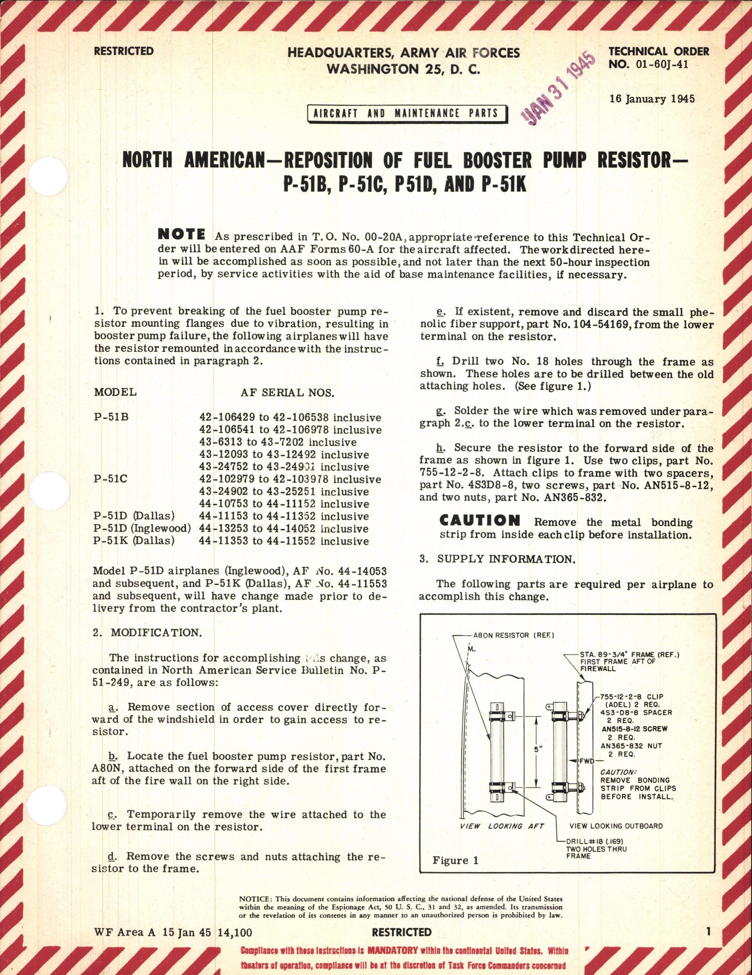 Sample page 1 from AirCorps Library document: Reposition of Fuel Booster Pump Resistor for P-51B, C, D, and K
