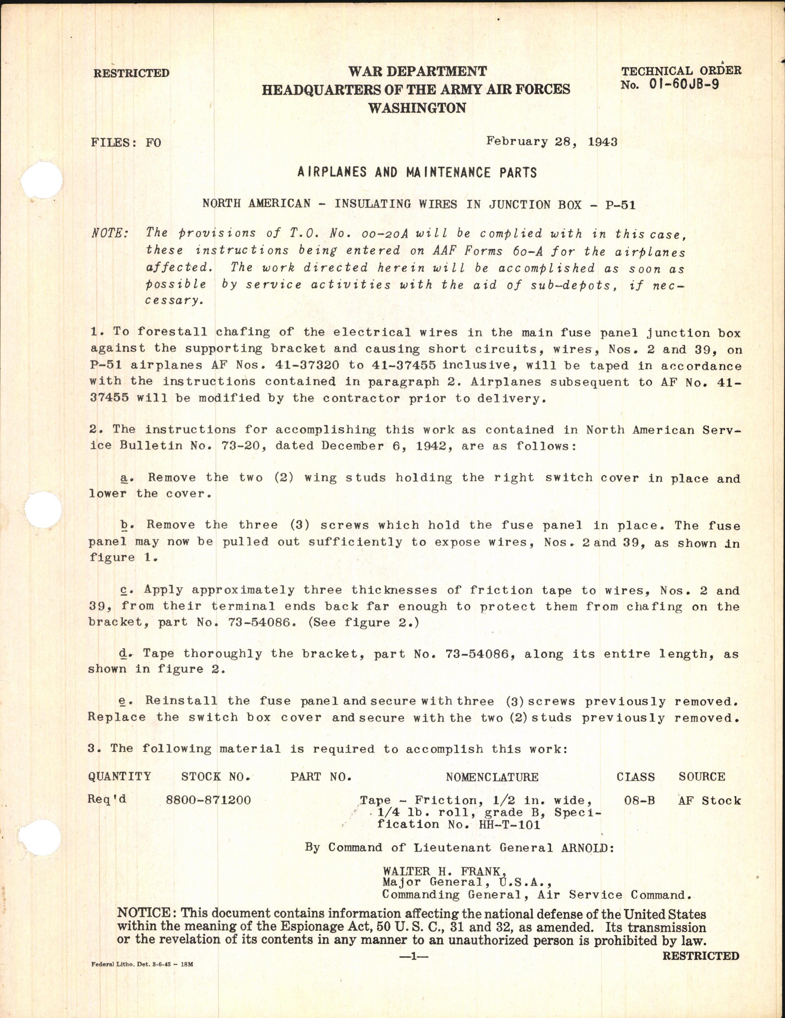 Sample page 1 from AirCorps Library document: Insulating Wires in Junction Box for P-51