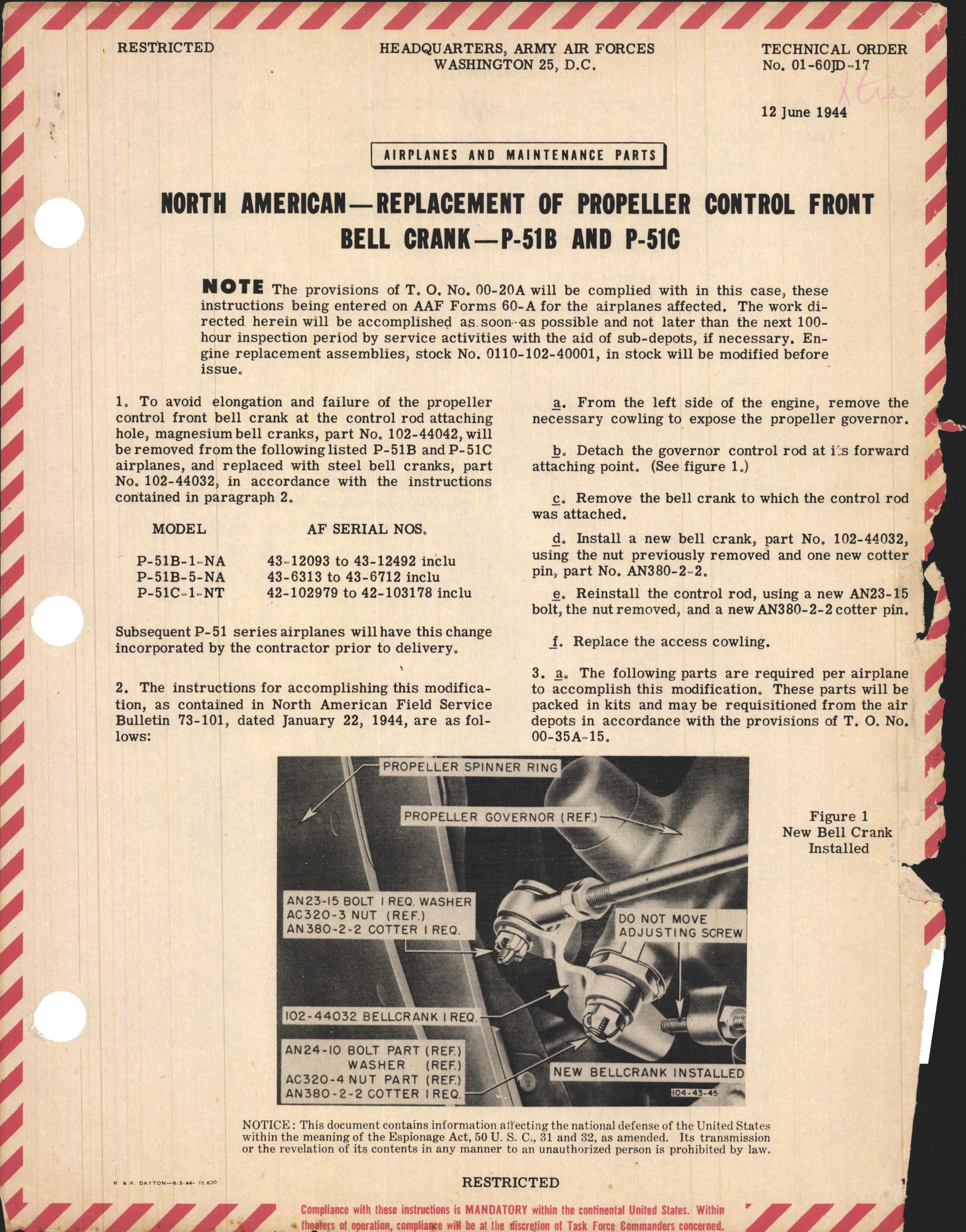 Sample page 1 from AirCorps Library document: Replacement of Propeller Control Front Bell Crank for P-51B and P-51C