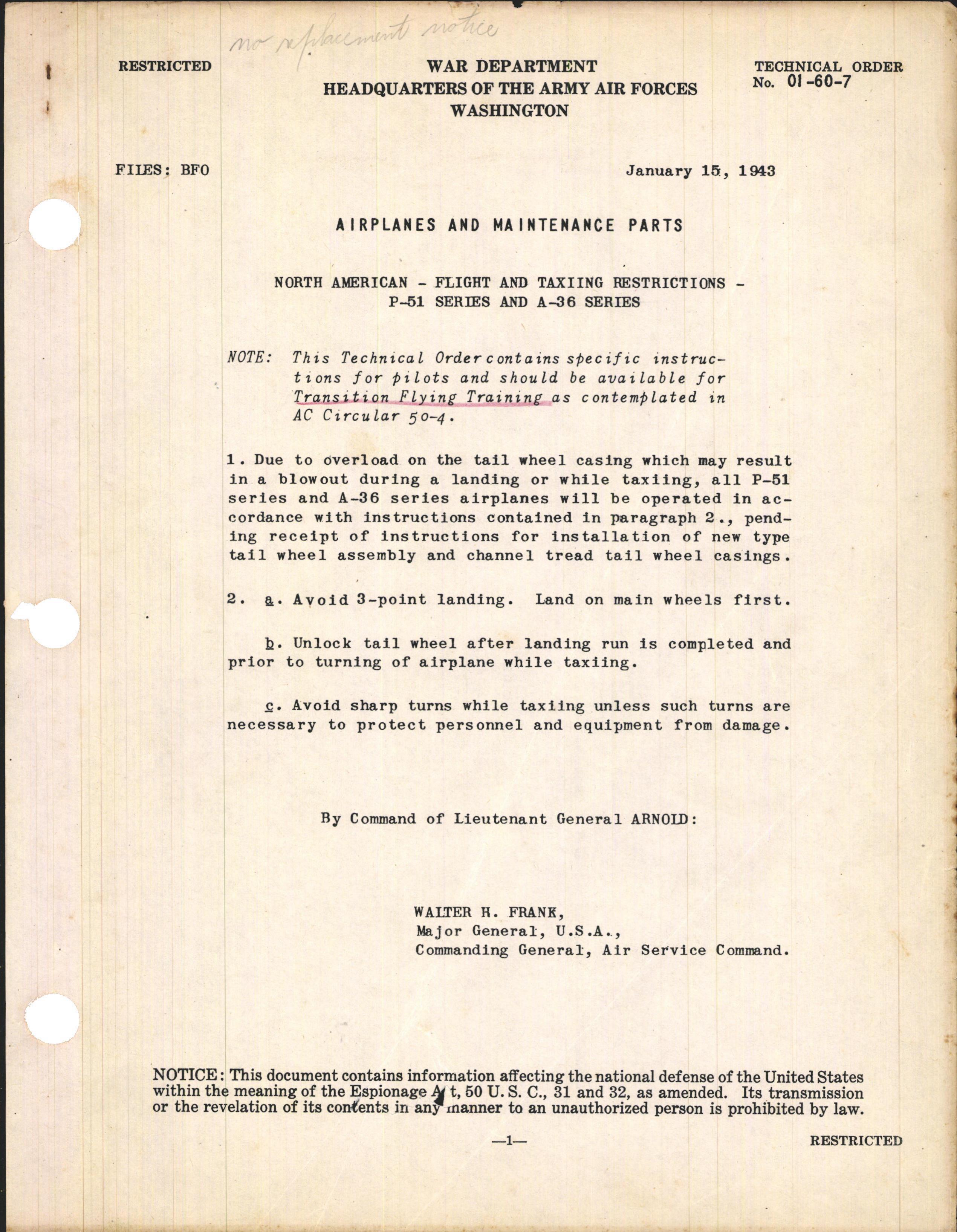 Sample page 1 from AirCorps Library document: Flight and Taxiing Restrictions for P-51 and A-36 Series