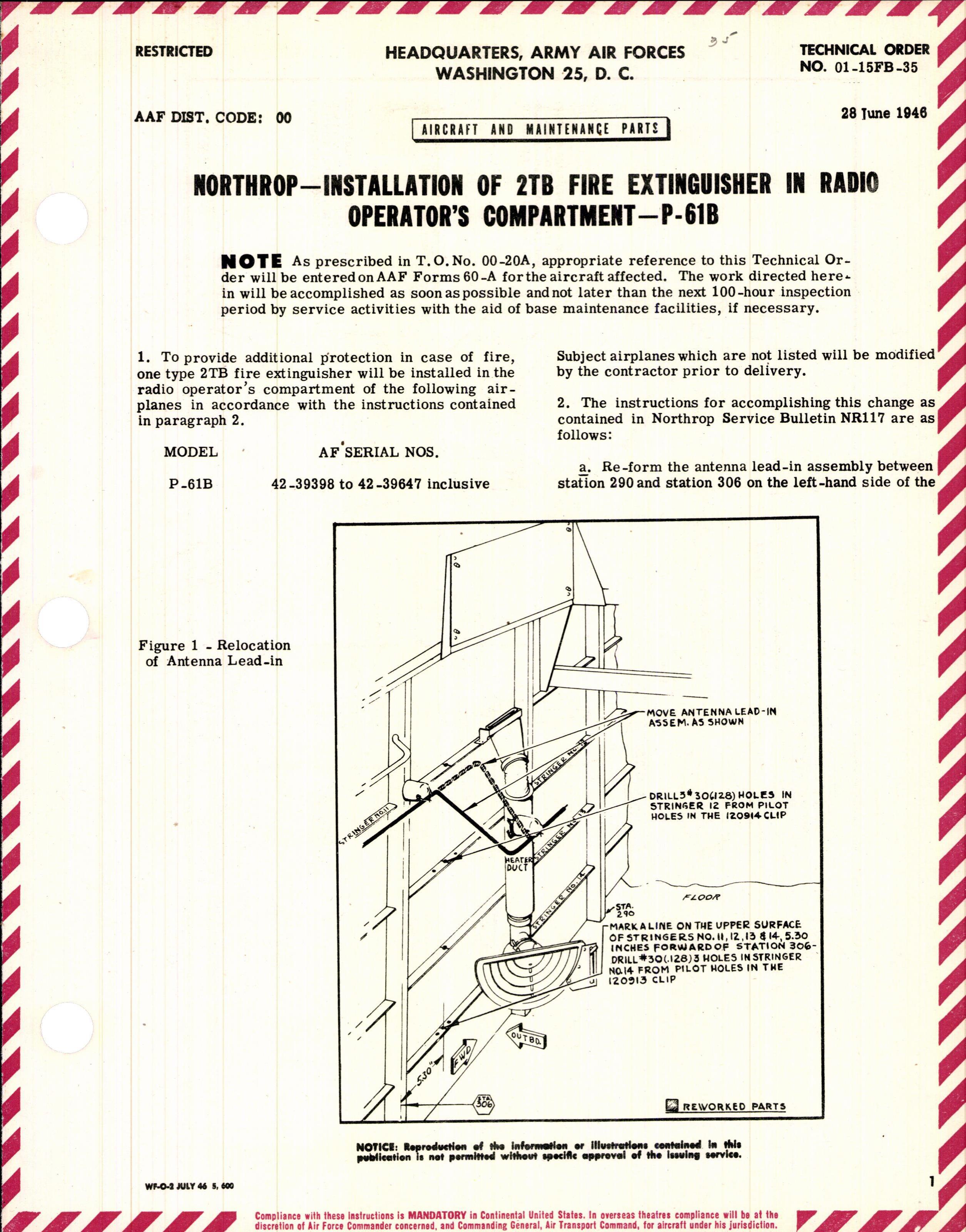 Sample page 1 from AirCorps Library document: Installation of 2TB Fire Extinguisher in Radio Operator's Compartment for P-61B