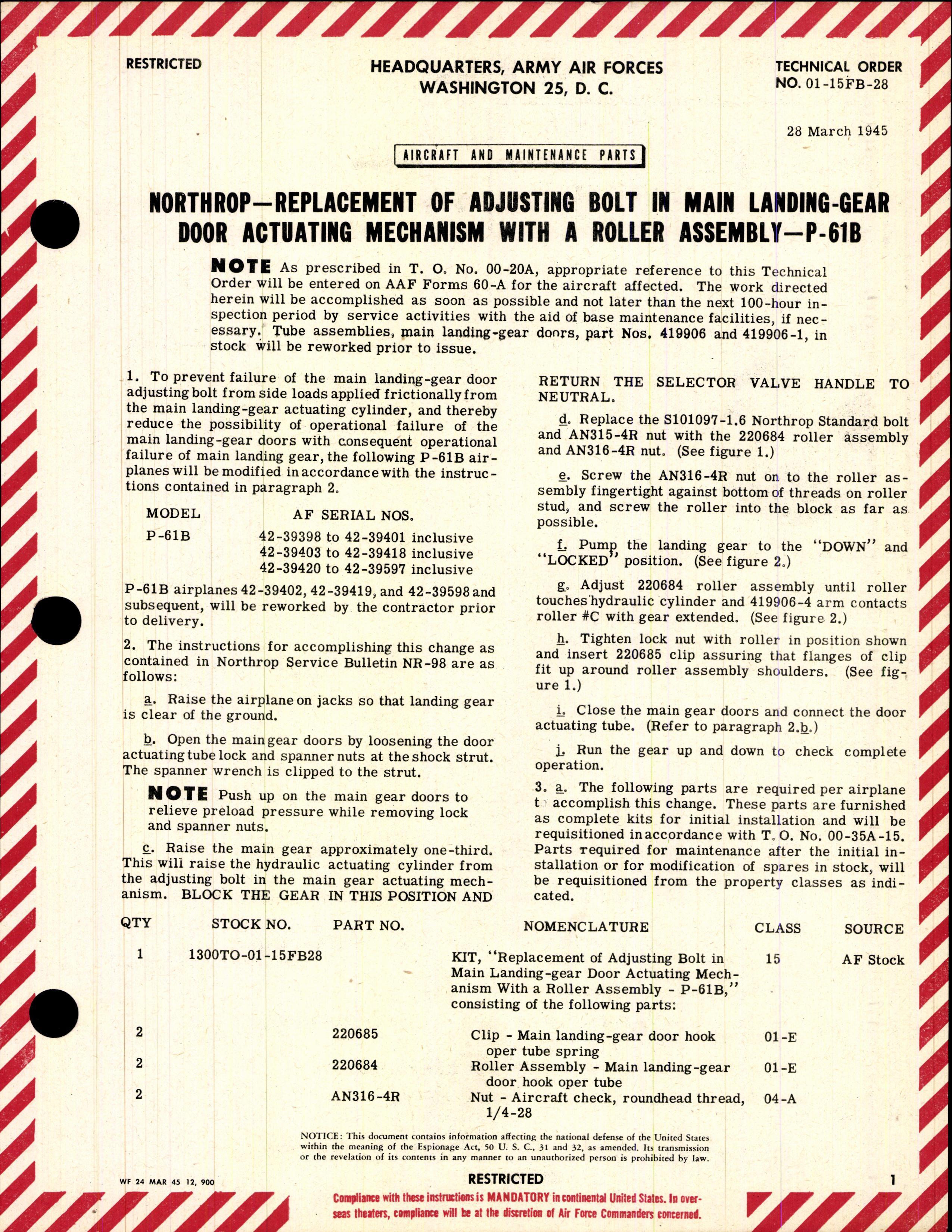 Sample page 1 from AirCorps Library document: Replacement of Adjusting Bolt in Main Landing-Gear Door Actuating Mechanism with a Roller Assembly for P-61B