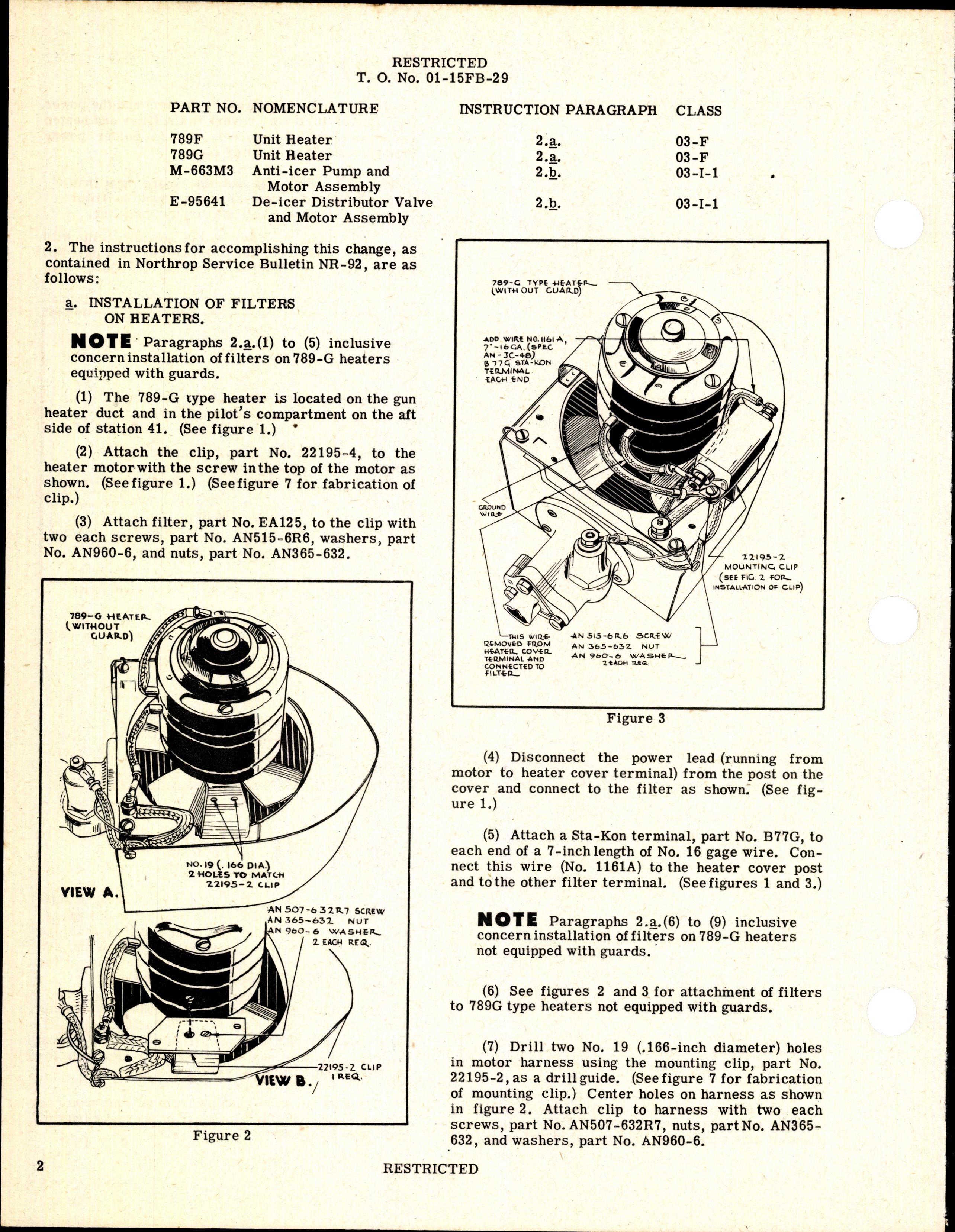 Sample page 2 from AirCorps Library document: Installation of Radio Noise Filters in Heater and Anti-Icer Motors for P-61A