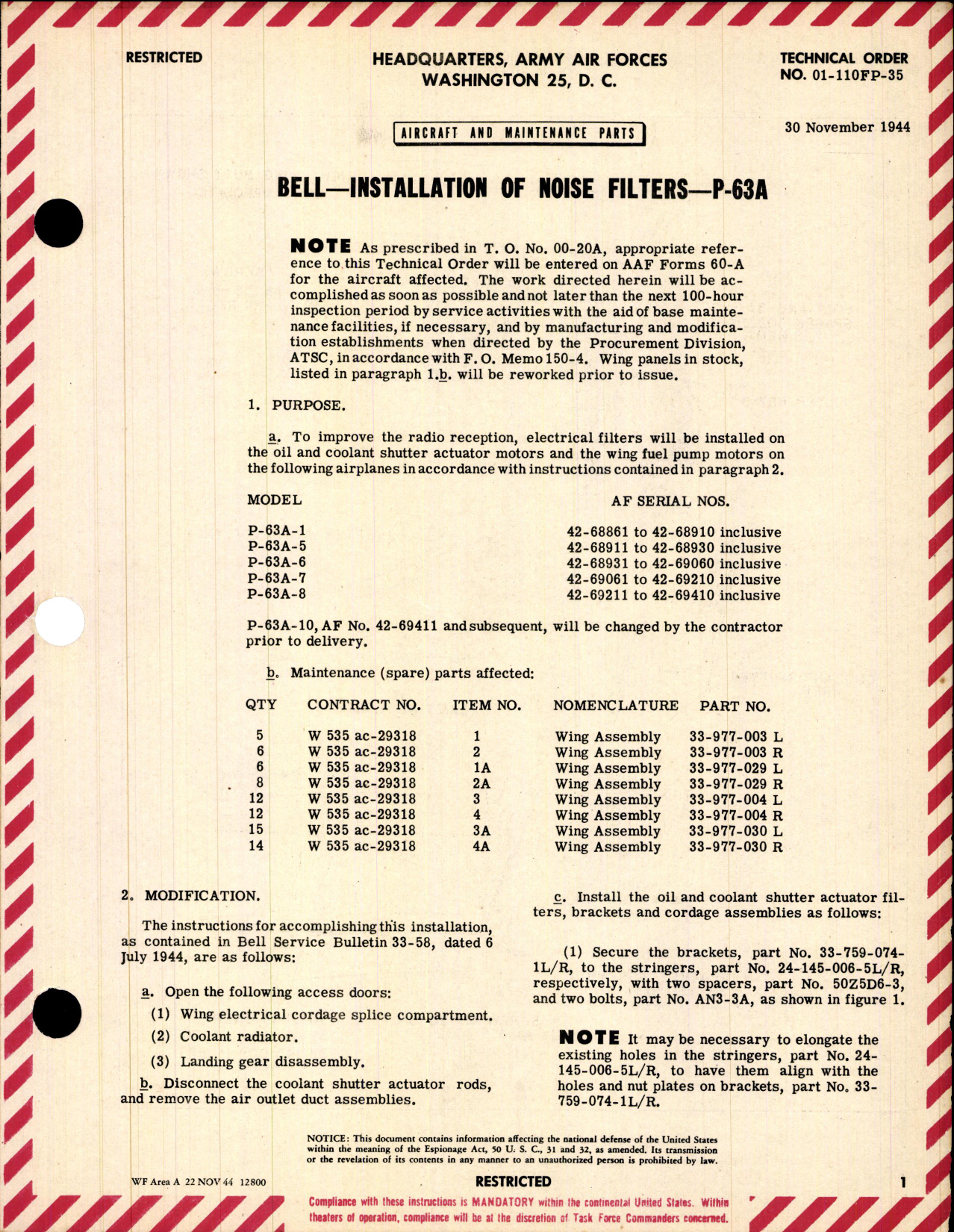 Sample page 1 from AirCorps Library document: Installation of Noise Filters for P-63A