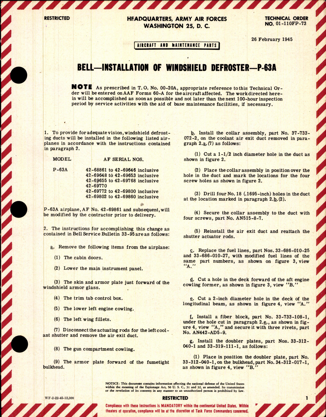 Sample page 1 from AirCorps Library document: Installation of Windshield Defroster for P-63A