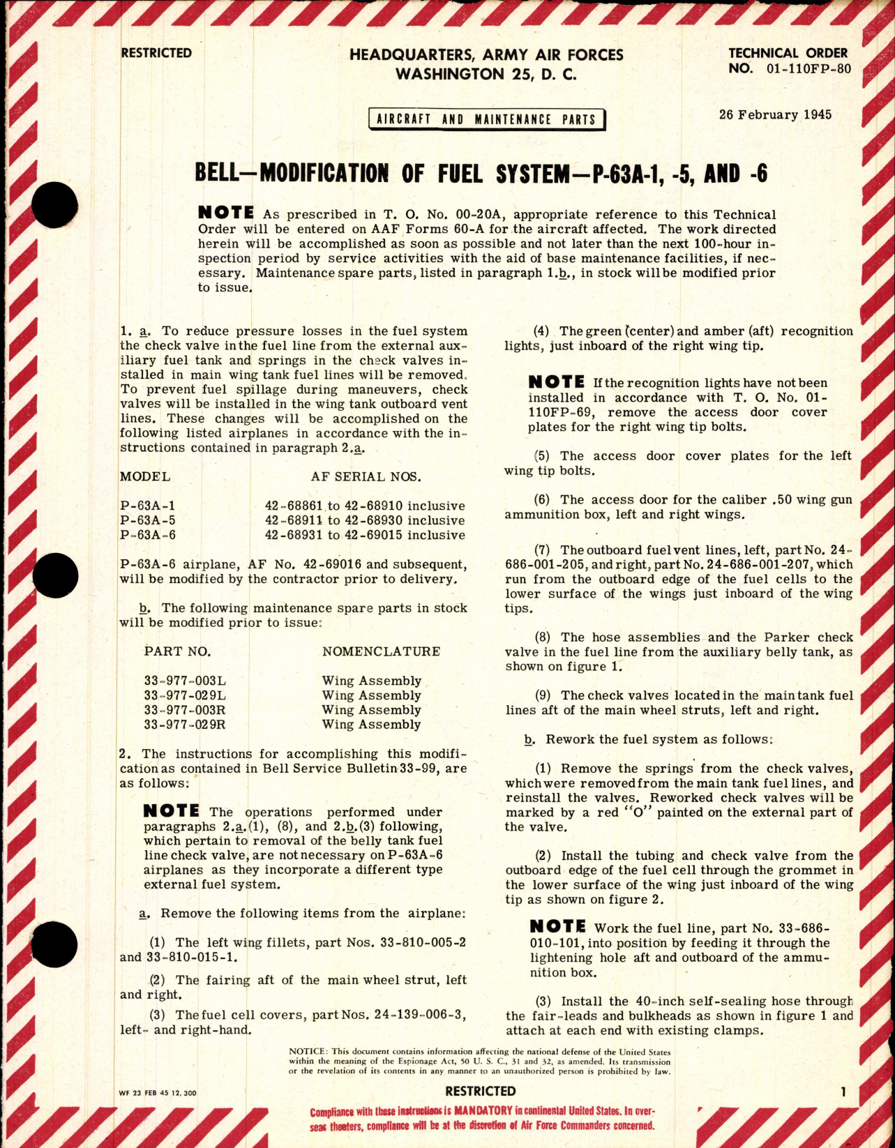 Sample page 1 from AirCorps Library document: Modification of Fuel System for P-63