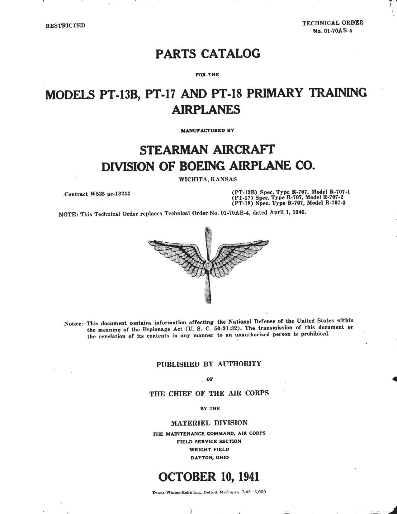 Sample page 1 from AirCorps Library document: Parts Catalog - PT-13B, PT-17, PT-18