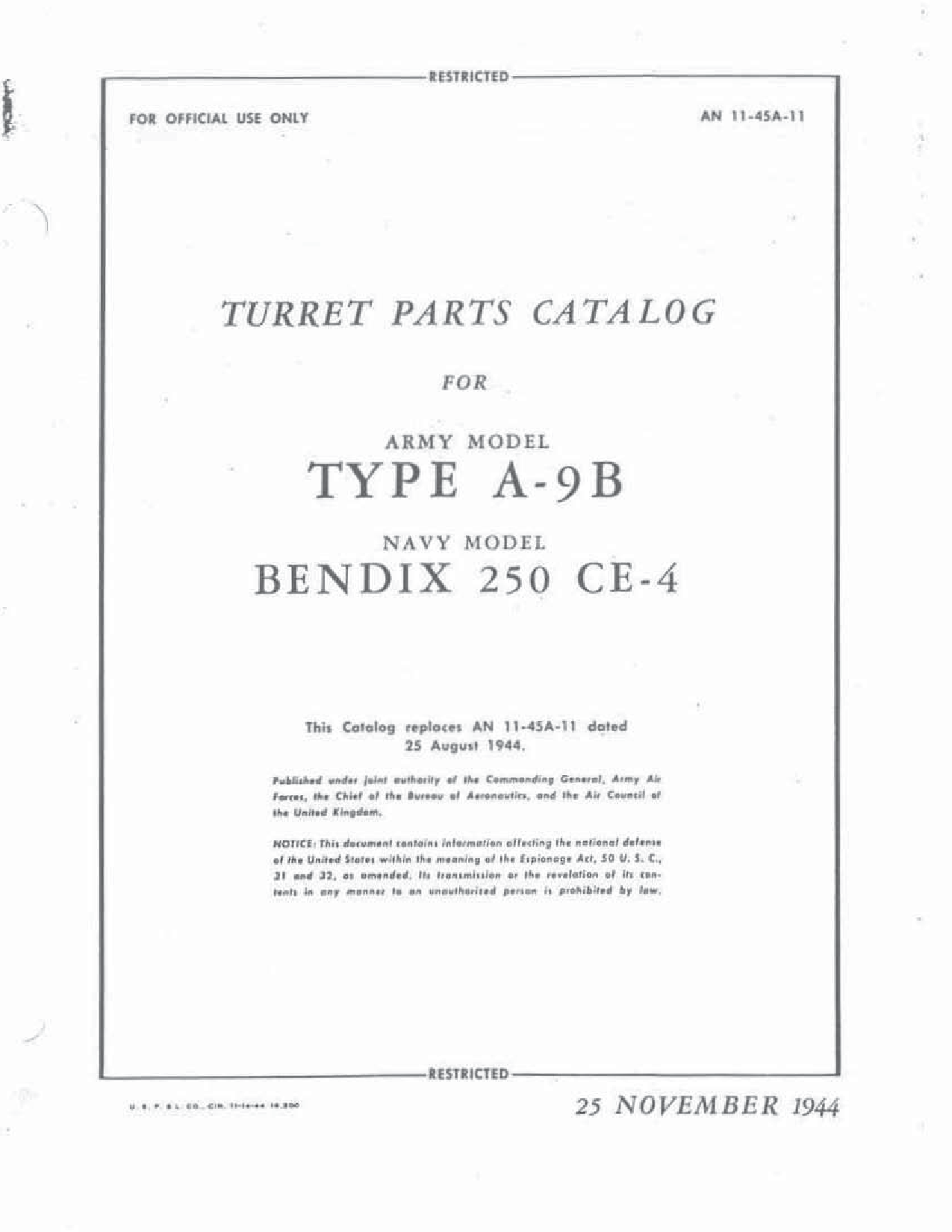 Sample page 1 from AirCorps Library document: Turret Parts Catalog - Army A-9B, Navy 250CE-4