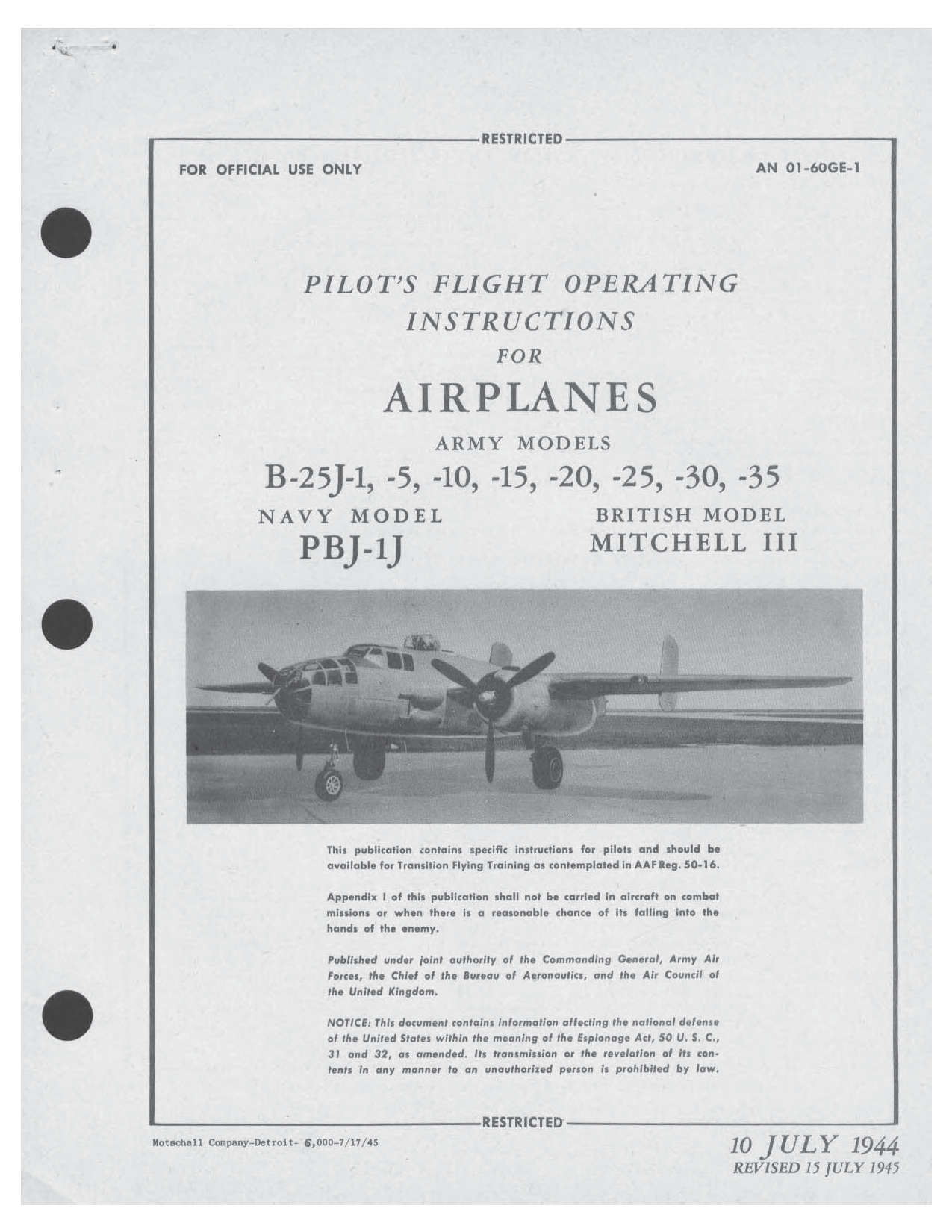 Sample page 1 from AirCorps Library document: Pilot's Flight Operating Instructions - B-25J, PBJ-1J - 1945