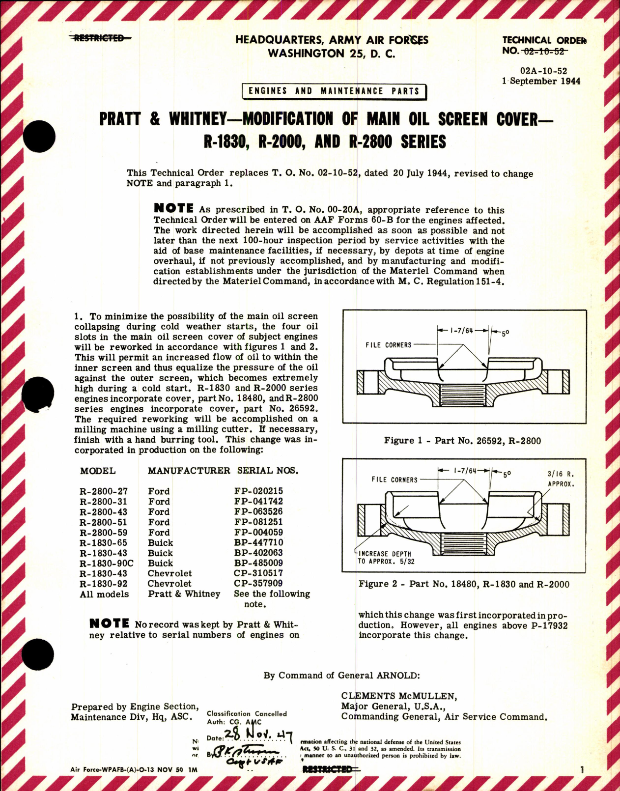 Sample page 1 from AirCorps Library document: Main Oil Screen Cover for R-1830, R-2000, & R-2800 Series