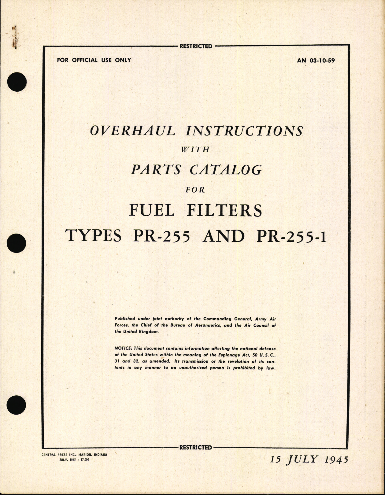 Sample page 1 from AirCorps Library document: Overhaul Instructions with Parts Catalog for Fuel Filters Types PR-255 and PR-255-1