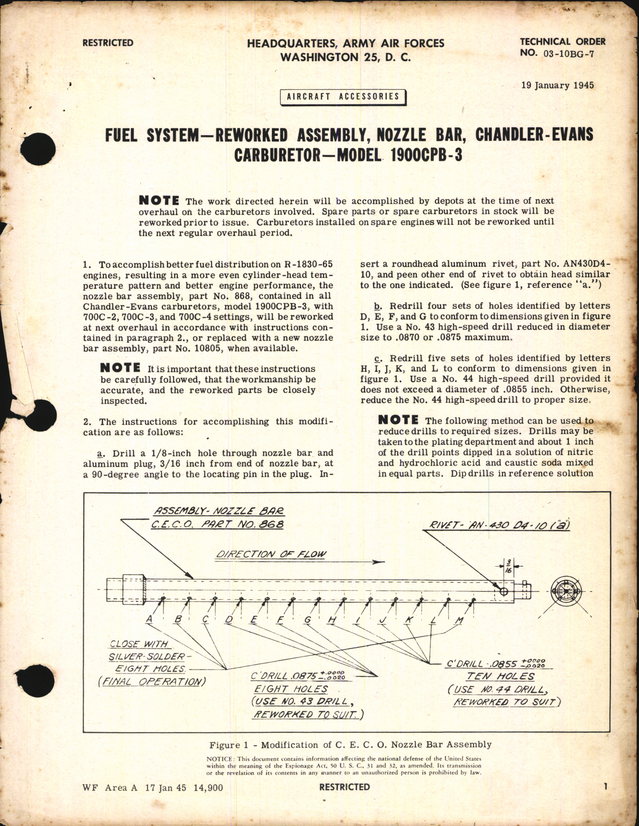 Sample page 1 from AirCorps Library document: Reworked Assembly Nozzle Bar for Chandler-Evans Carburetor Model 1900CPB-3