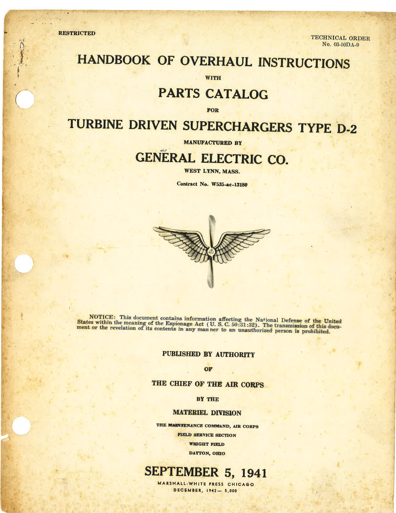 Sample page 1 from AirCorps Library document: Overhaul Instructions with Parts Catalog for Turbine Driven Superchargers Type D-2