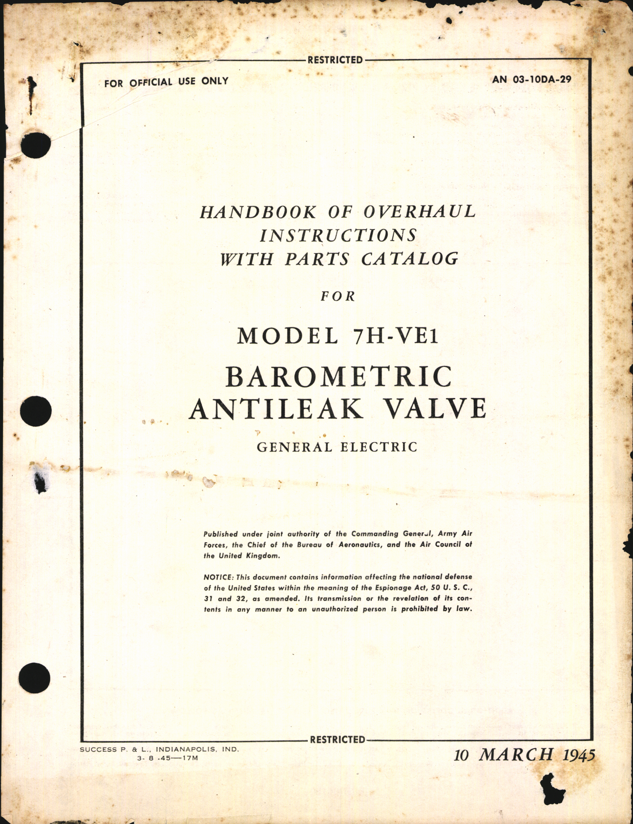 Sample page 1 from AirCorps Library document: Overhaul Instructions with Parts Catalog for Model 7H-VE1 Barometric Antileak Valve