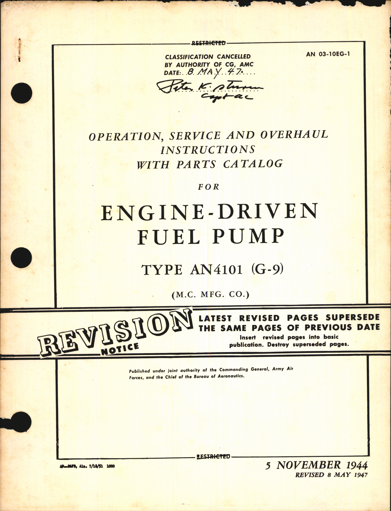 Sample page 1 from AirCorps Library document: Operation, Service, & Overhaul Instructions with Parts Catalog for Engine-Driven Fuel Pump Type AN4101 (G-9)