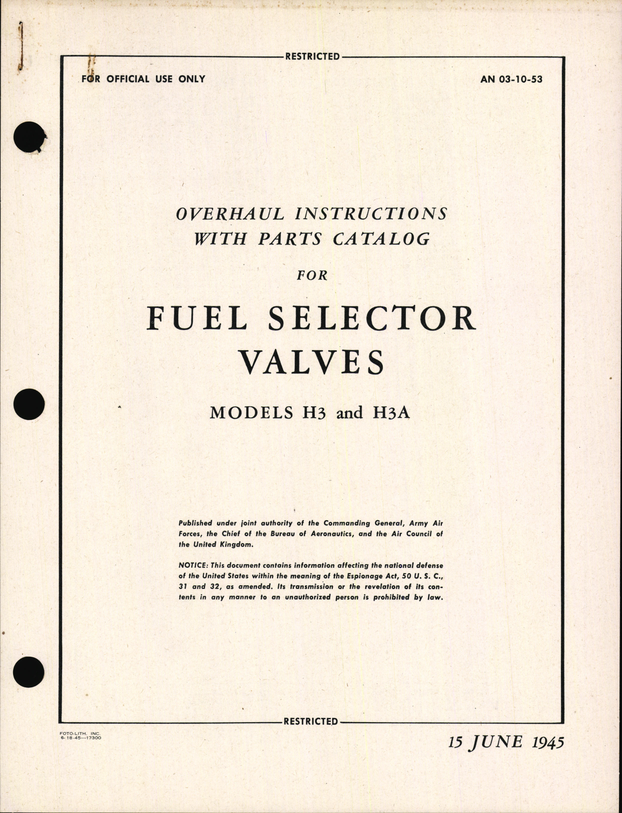 Sample page 1 from AirCorps Library document: Overhaul Instructions with Parts Catalog for Fuel Selector Valves Models H3 and H3A