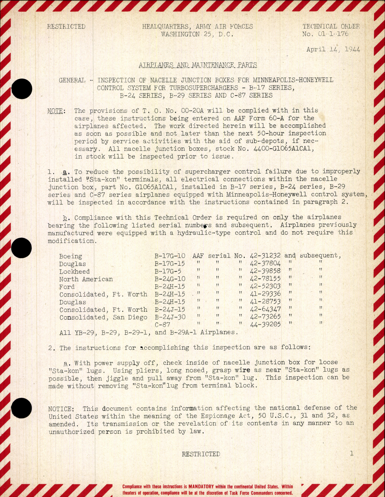 Sample page 1 from AirCorps Library document: Inspection of Nacelle Junction Boxes for Minneapolis-Honeywell Control System for Turbosuperchargers 