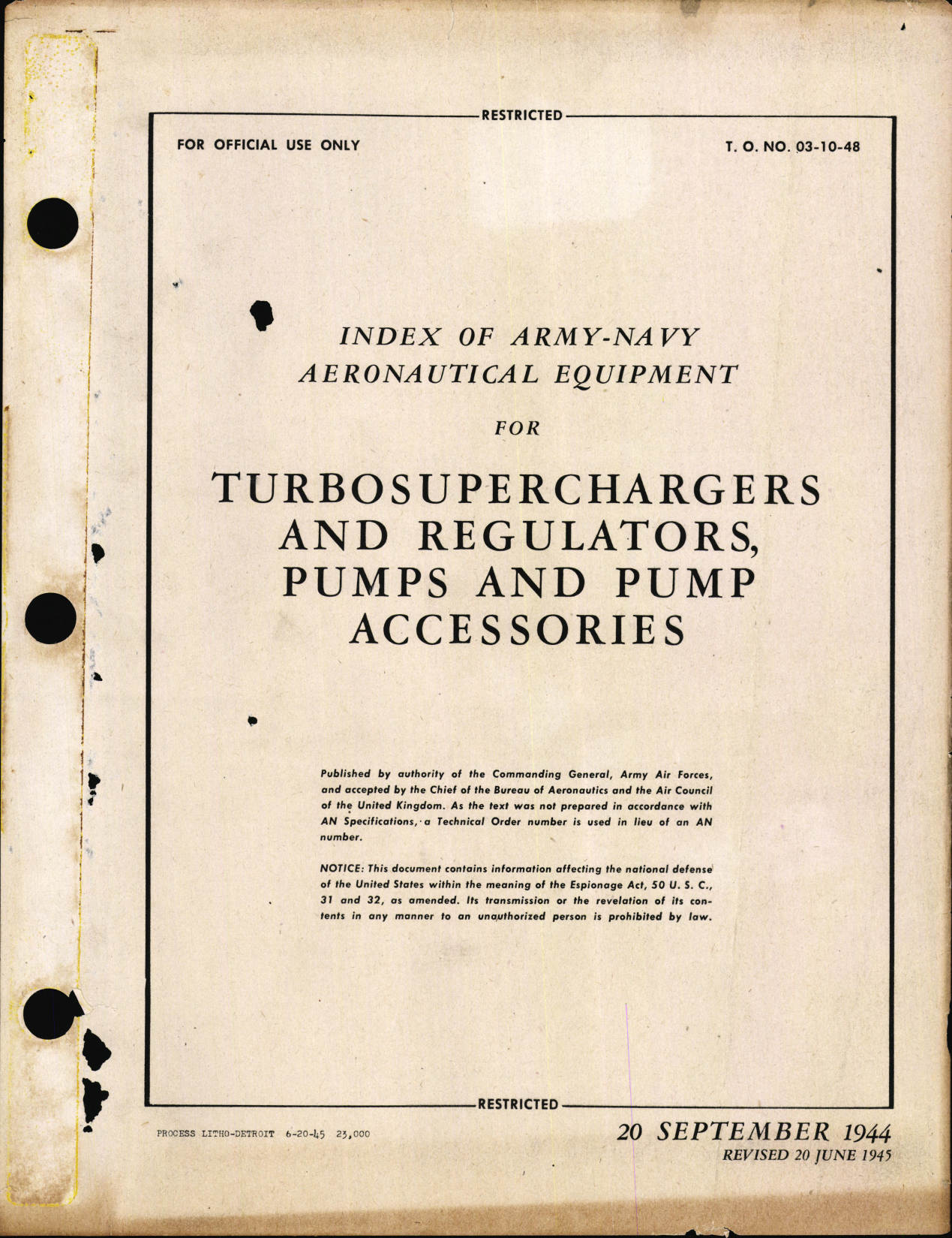 Sample page 1 from AirCorps Library document: Index of Army-Navy Aeronautical Equipment - Turbosuperchargers and Regulators, Pumps, and Pump Accessories
