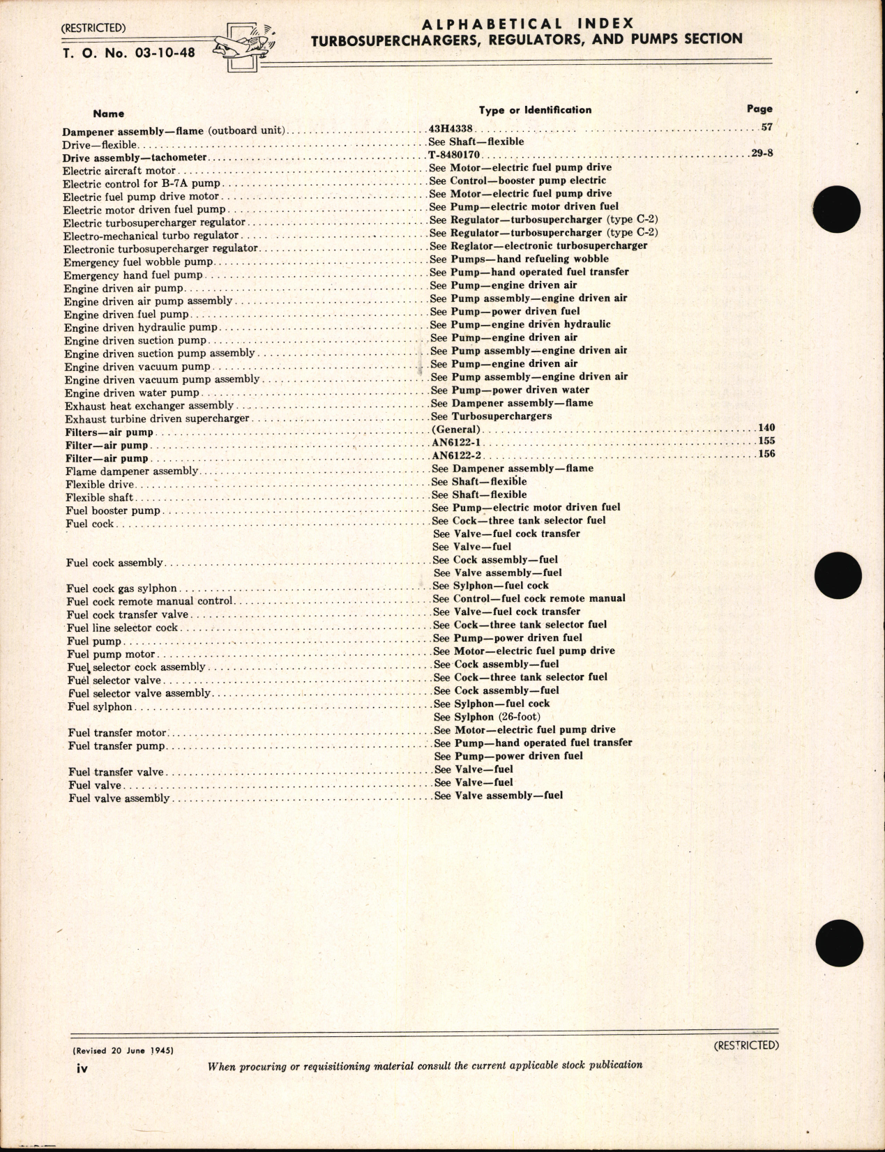 Sample page 6 from AirCorps Library document: Index of Army-Navy Aeronautical Equipment - Turbosuperchargers and Regulators, Pumps, and Pump Accessories