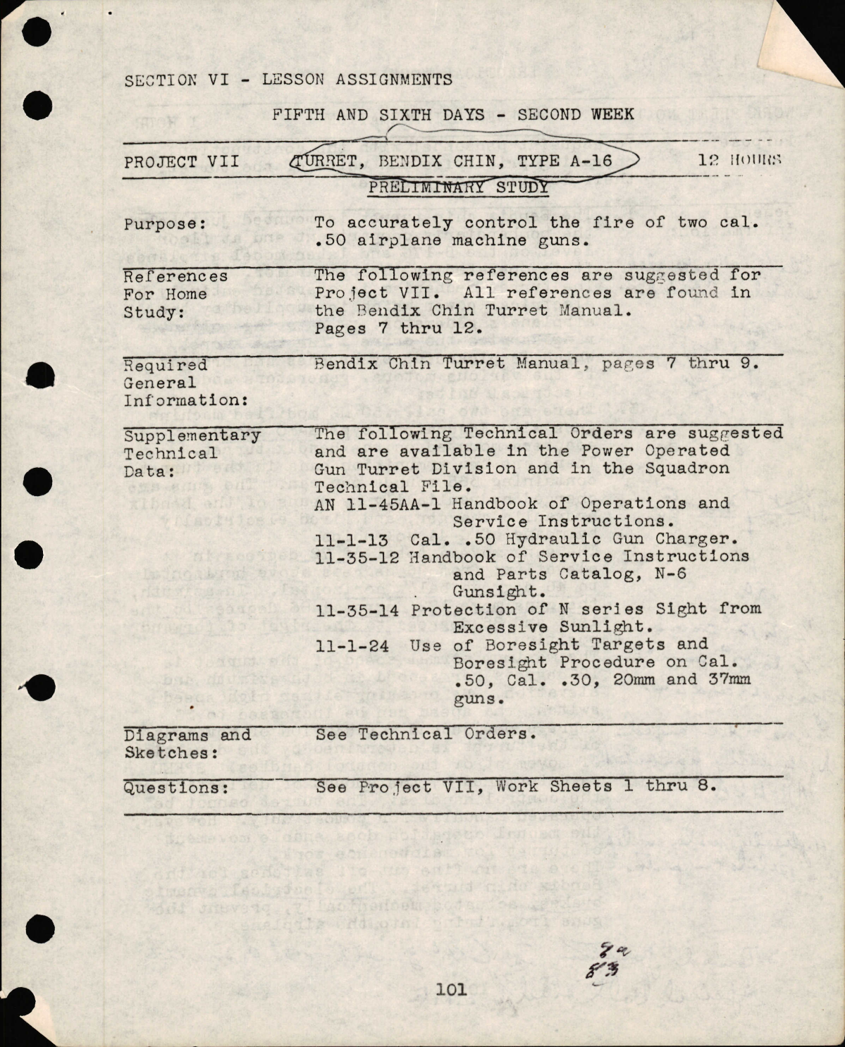 Sample page 1 from AirCorps Library document: Lesson Assignments for Turret, Bendix Chin, Type A-16