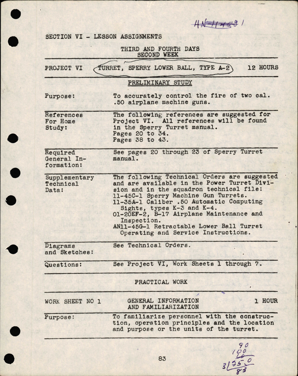Sample page 1 from AirCorps Library document: Lesson Assignments for Turret, Sperry Lower Ball, Type A-2