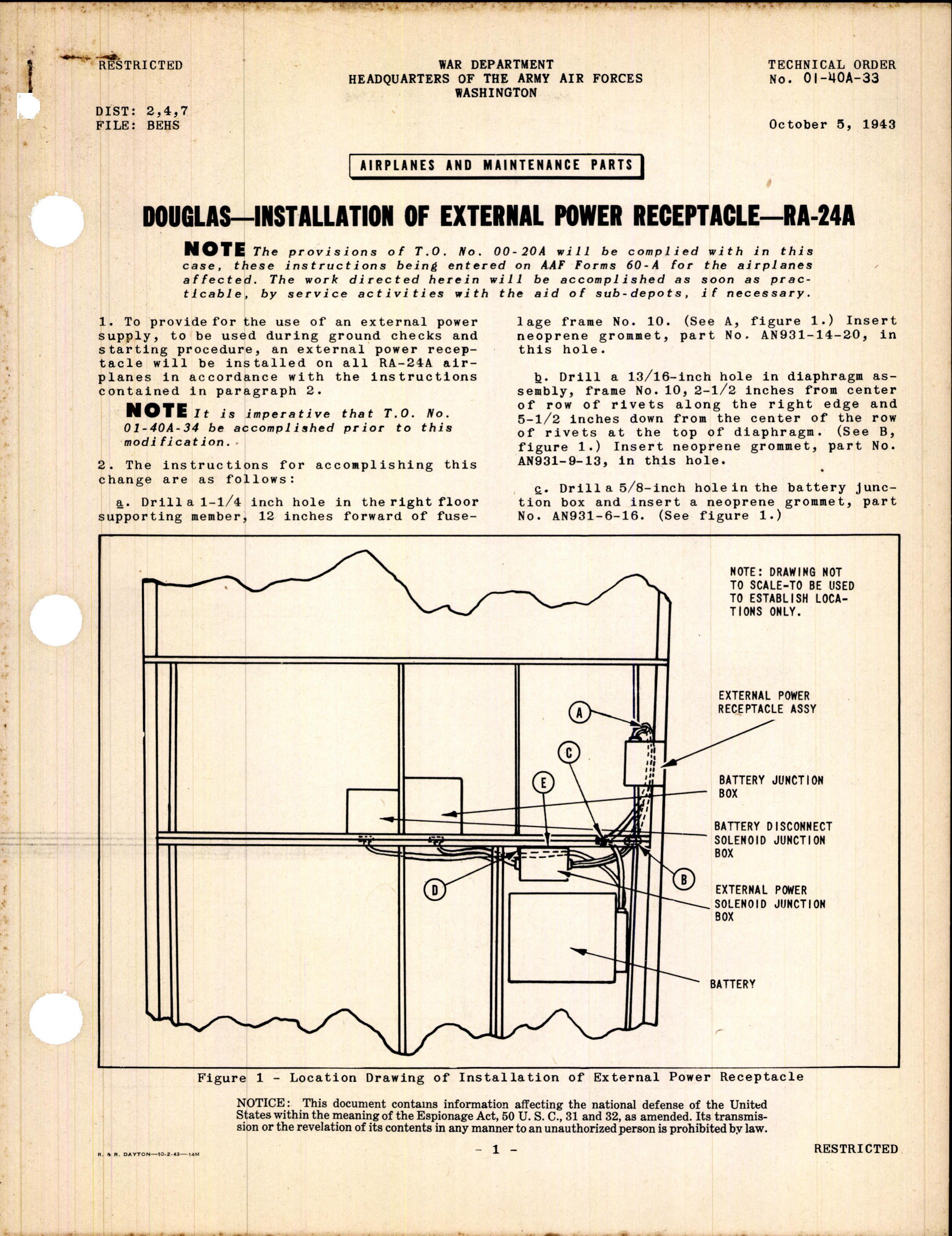 Sample page 1 from AirCorps Library document: Installation of External Power Receptacle for RA-24A