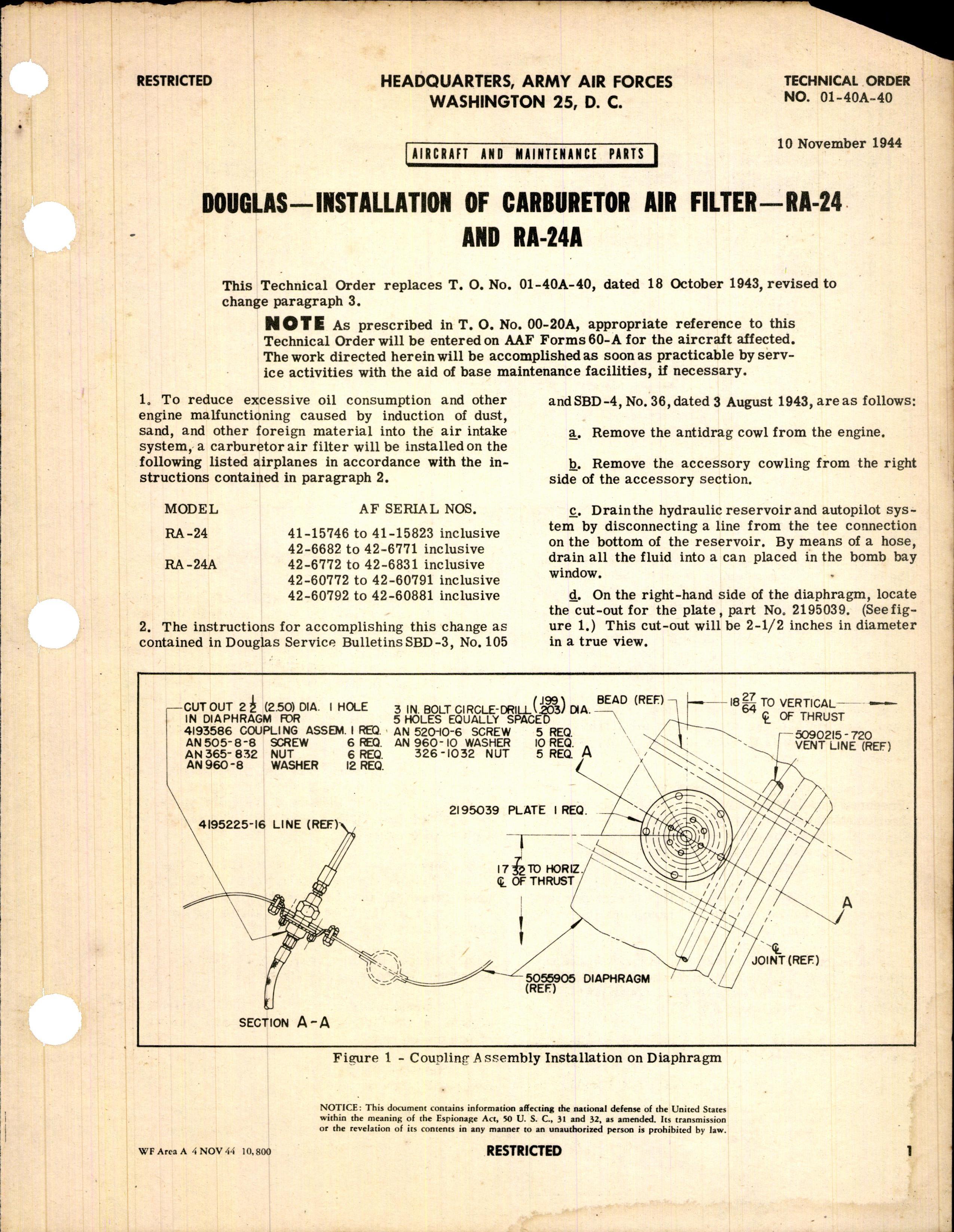Sample page 1 from AirCorps Library document: Installation of Carburetor Air Filter for RA-24 and RA-24A