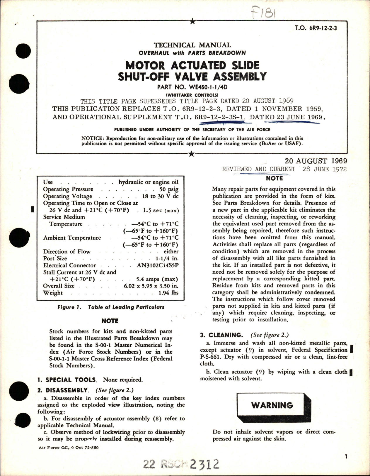 Sample page 1 from AirCorps Library document: Overhaul with Parts Breakdown for Motor Actuated Slide Shut-Off Valve Assembly - Part WE-450-1-1-4D 