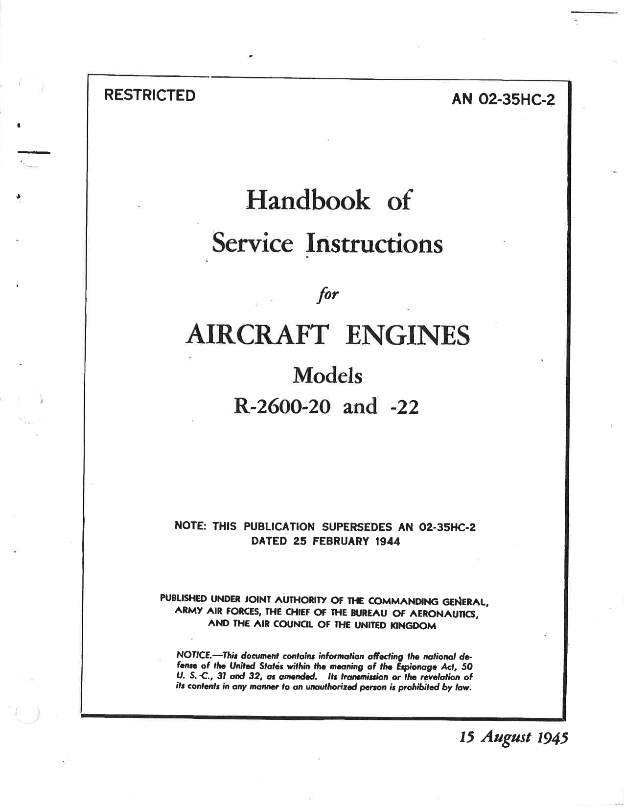 Sample page 1 from AirCorps Library document: Service Instructions - Engine - R-2600-20 & -22