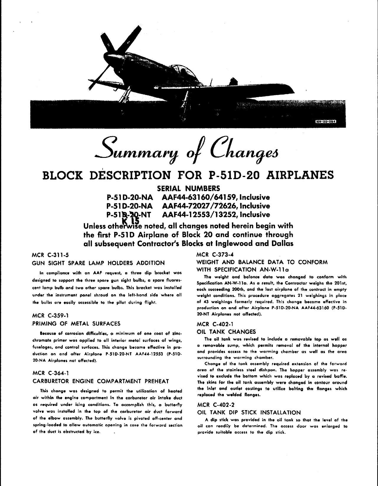 Sample page 1 from AirCorps Library document: Summary of Changes - Block Description for P-51D-20 Airplanes