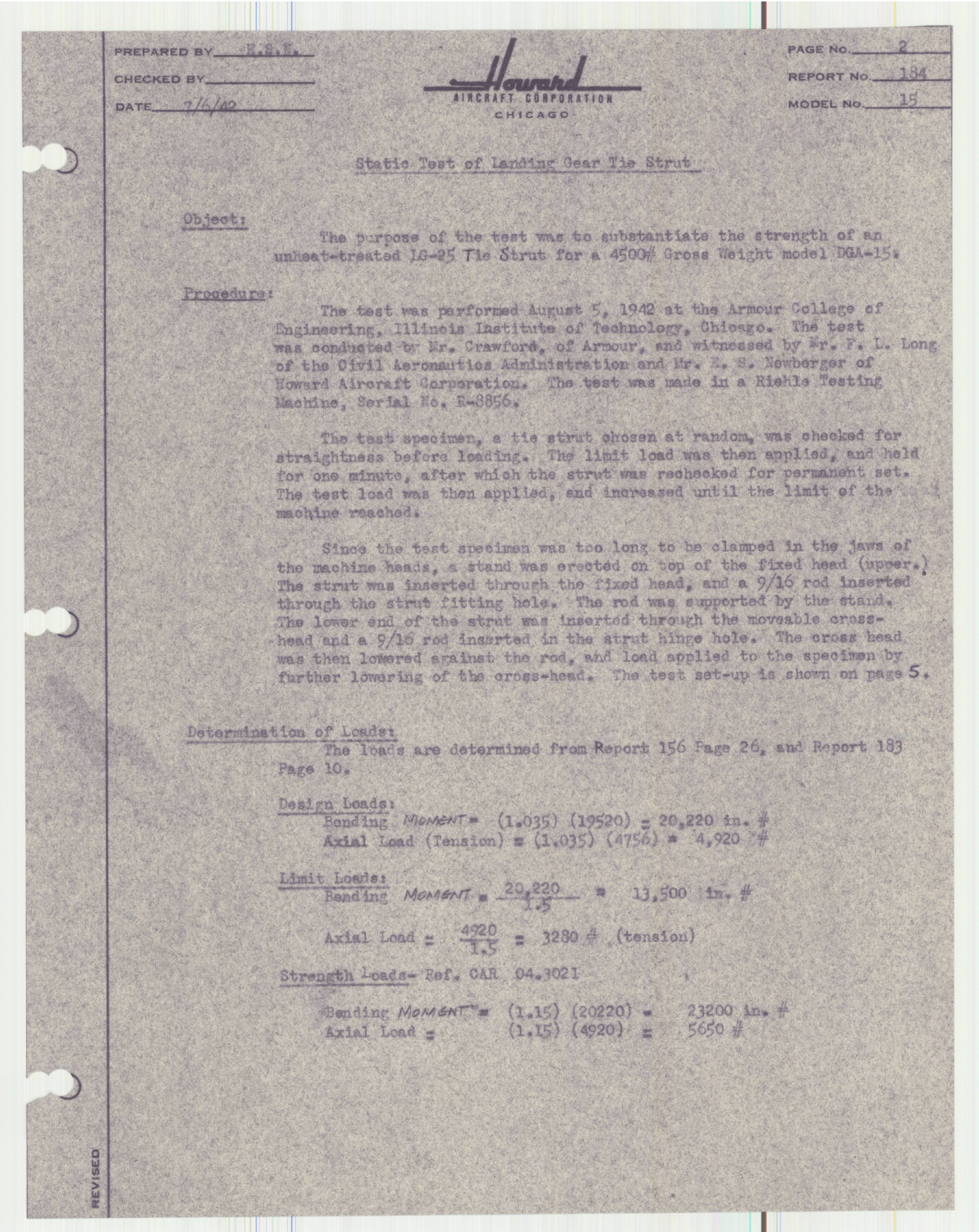 Sample page 3 from AirCorps Library document: Report 184, Static Test of Landing Gear Tie Strut, DGA-15