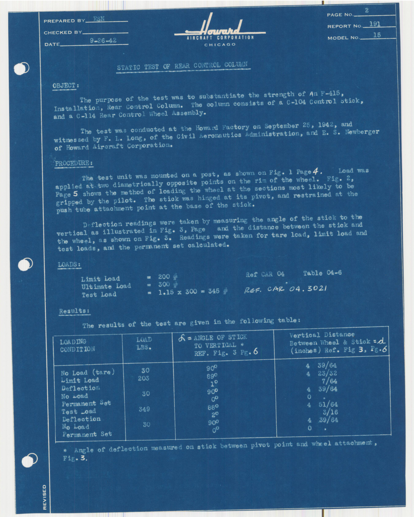 Sample page 3 from AirCorps Library document: Report 191, Static Test of Rear Control Column Assembly, DGA-15