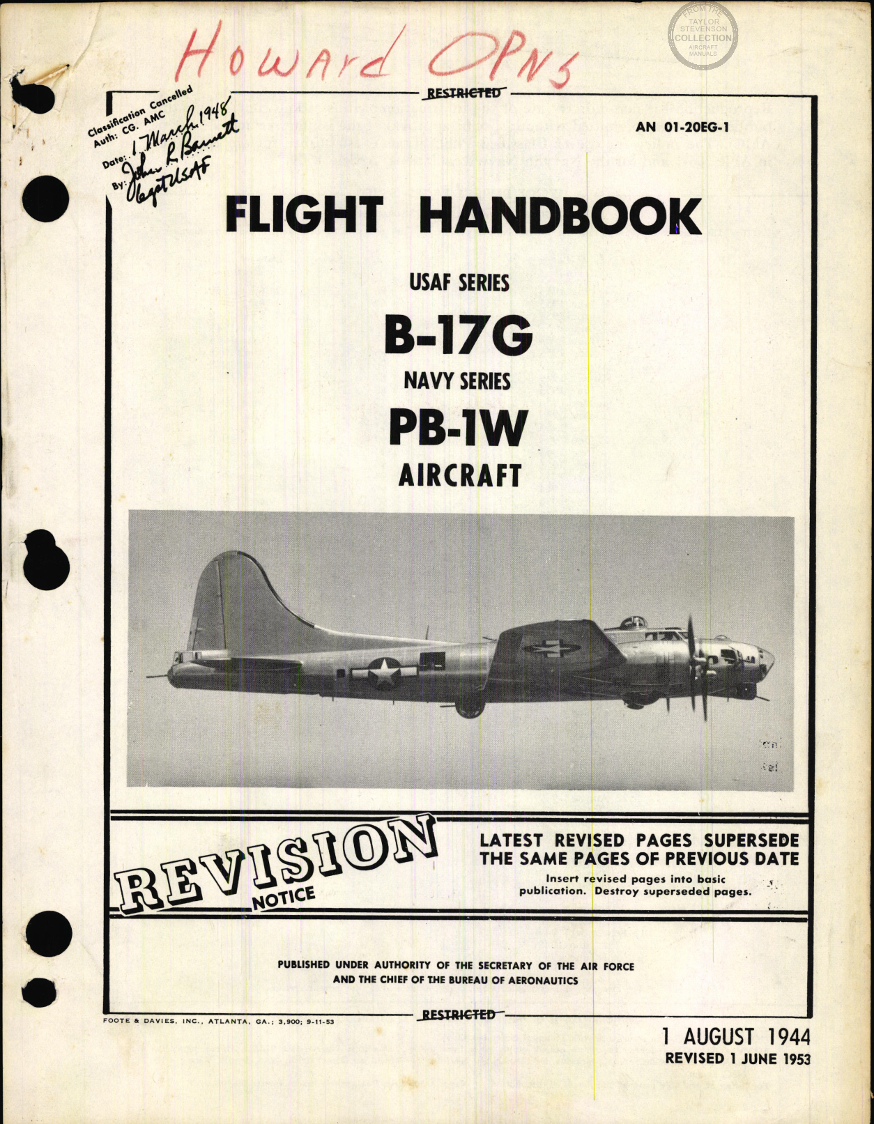 Sample page 1 from AirCorps Library document: Flight Handbook for B-17G, PB-1E Aircraft