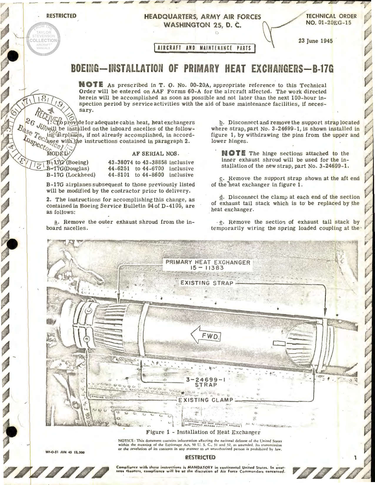 Sample page 1 from AirCorps Library document: Installation of Primary Heat Exchangers for B-17G
