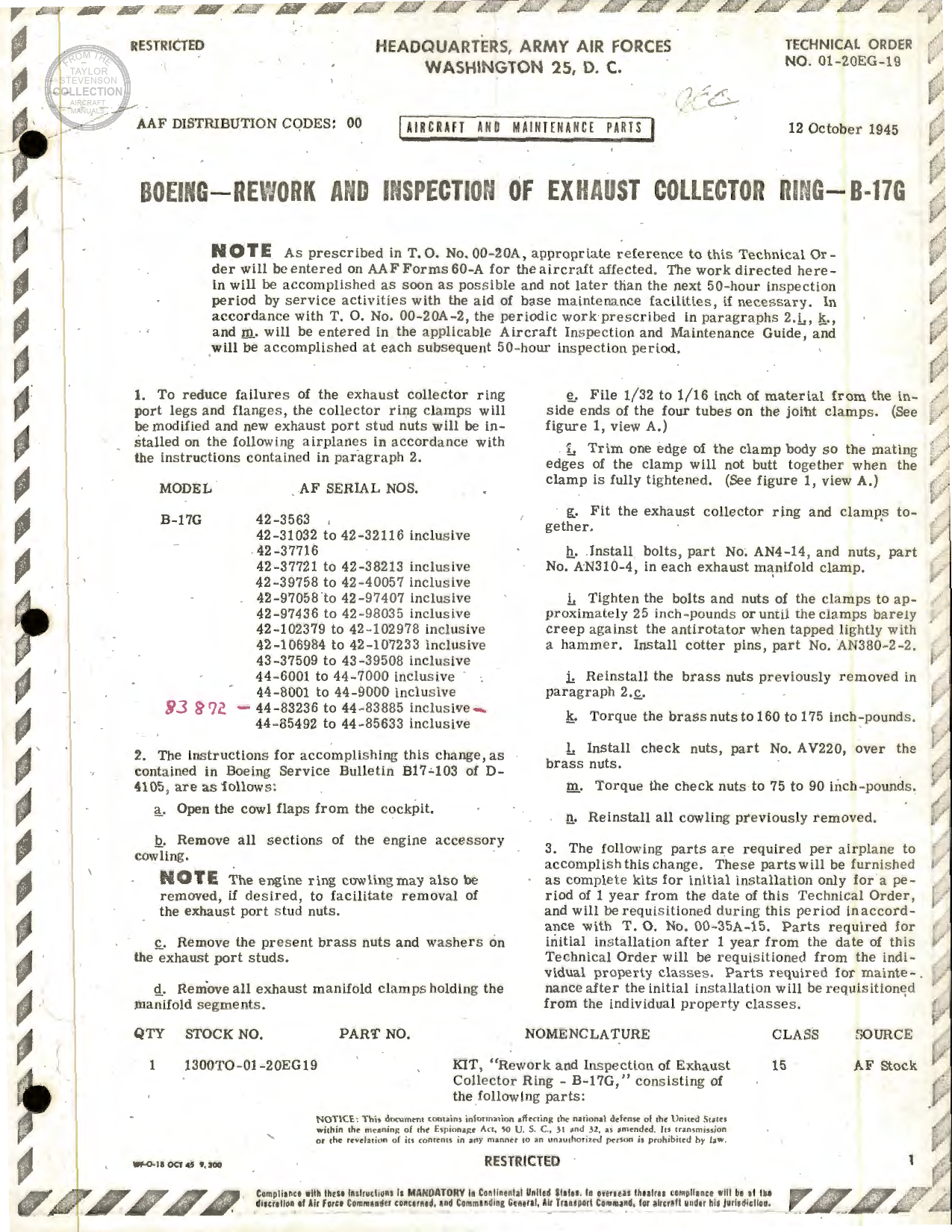 Sample page 1 from AirCorps Library document: Rework and Inspection of Exhaust Collector Ring for B-17G