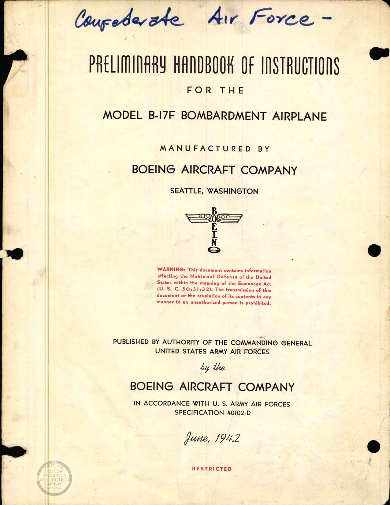 Sample page 1 from AirCorps Library document: Preliminary Handbook of Instructions for Model B-17F Bombardment Airplane